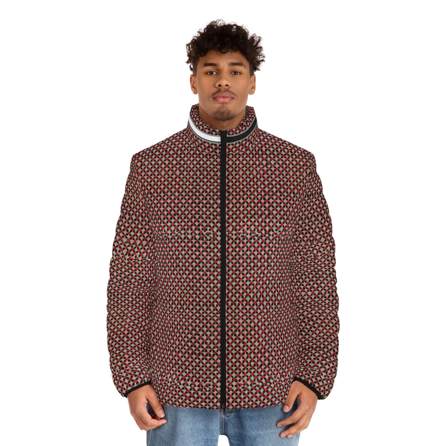 Men's Geometric Pattern Puffer Jacket — Red All-Over Print Printify bakabo.club