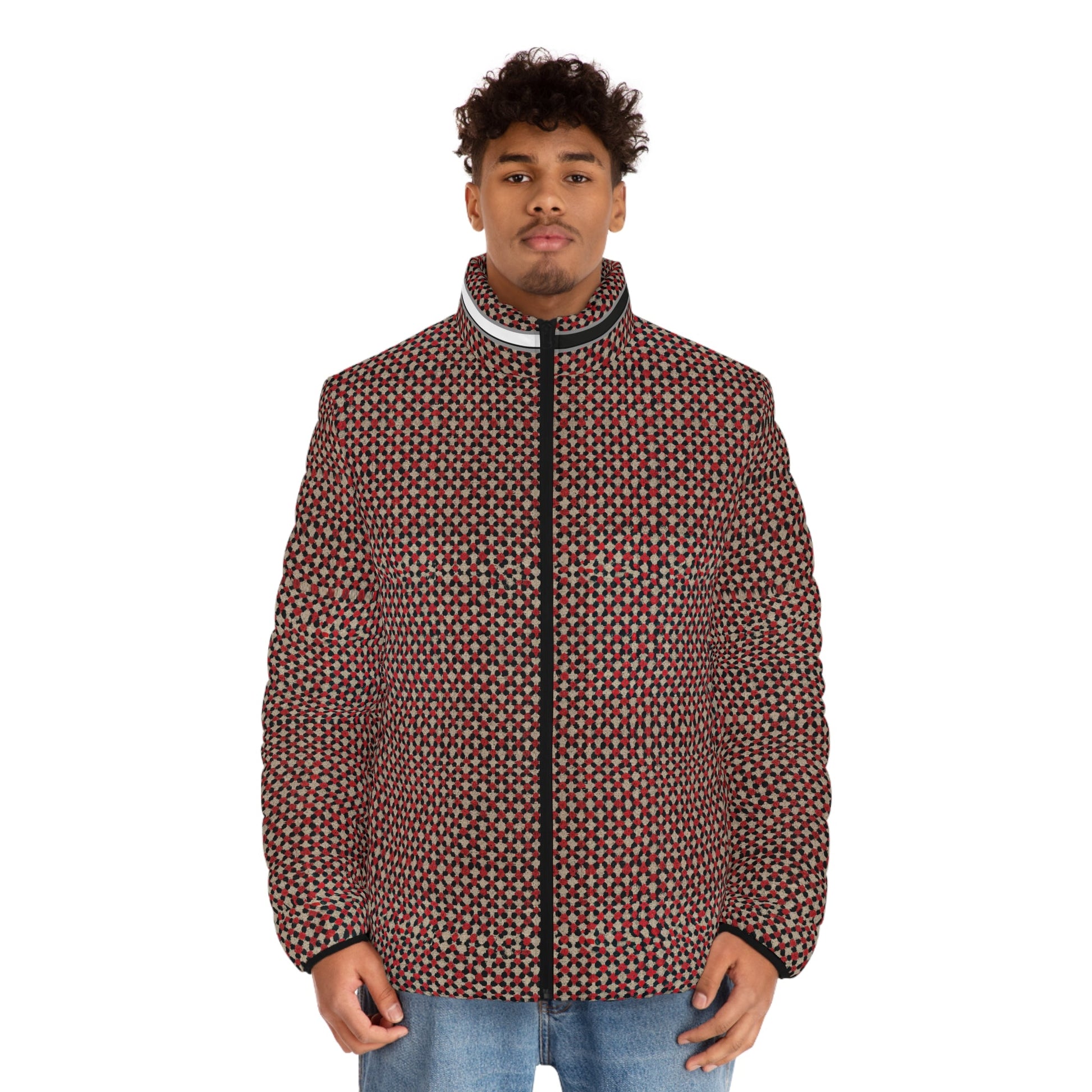 Men's Geometric Pattern Puffer Jacket — Red All-Over Print Printify bakabo.club