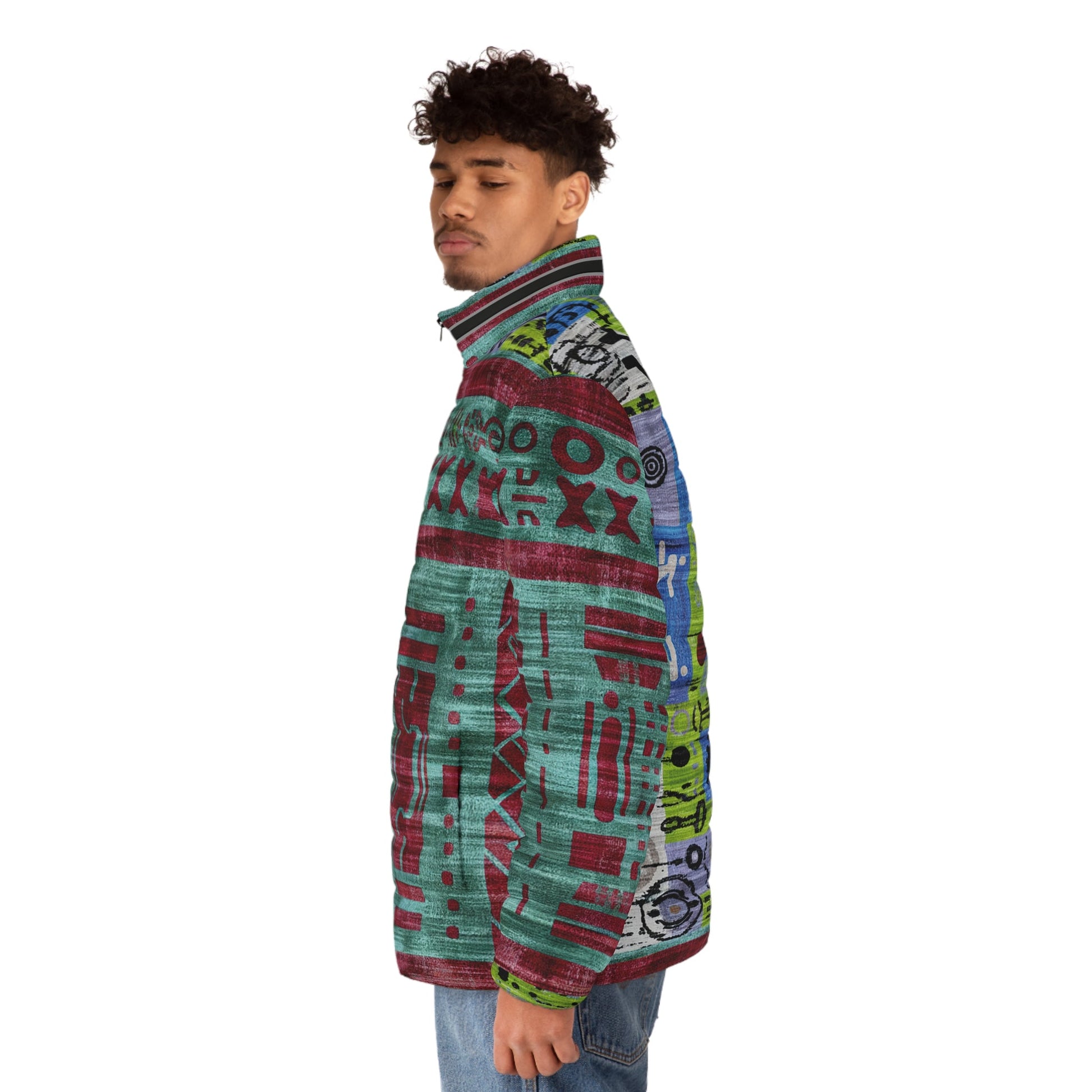 Men's Puffer Jacket — Retro Tech Graphic All-Over Print Printify bakabo.club