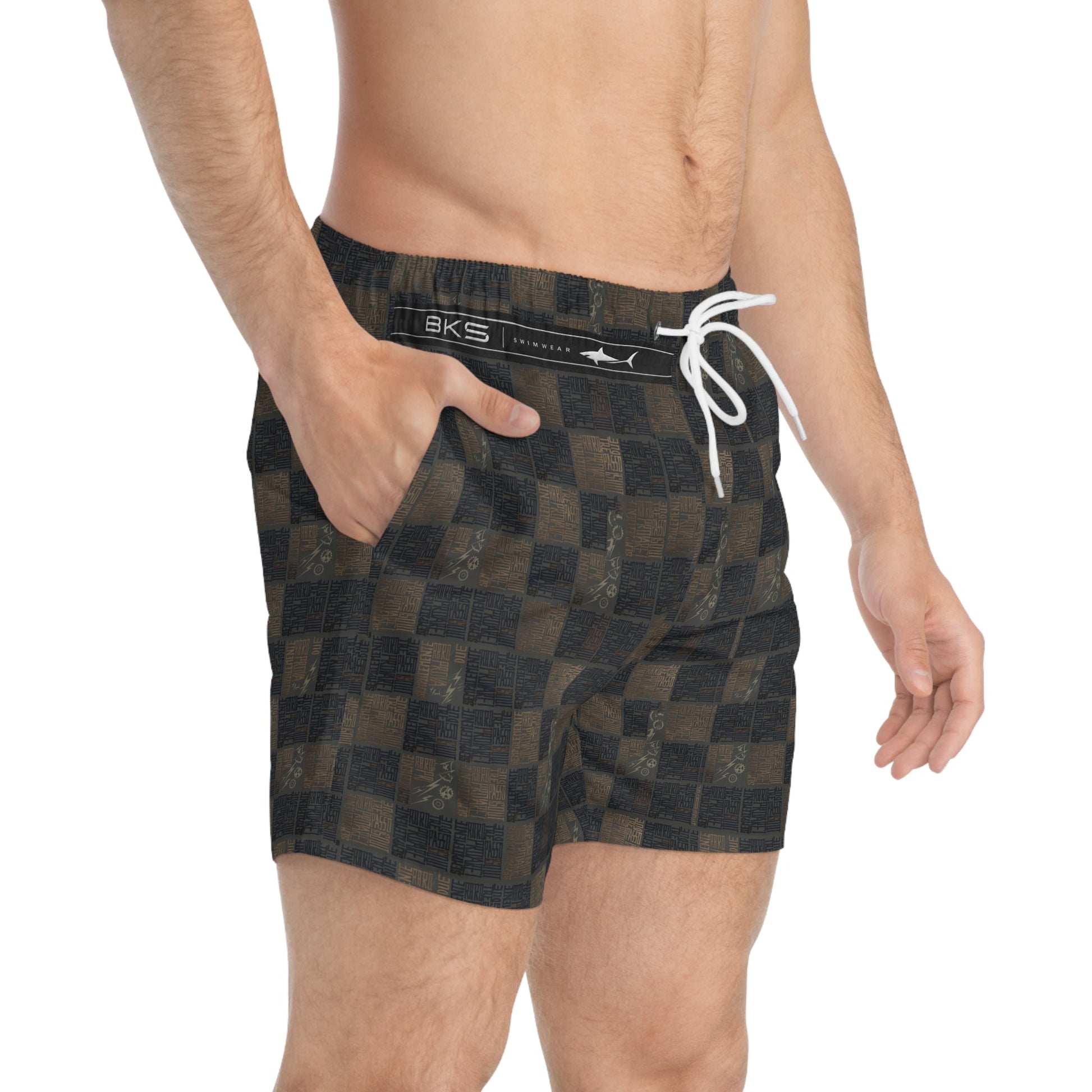 Checkerboard Swim Trunks — Distressed Black & Brown All-Over Print Printify bakabo.club