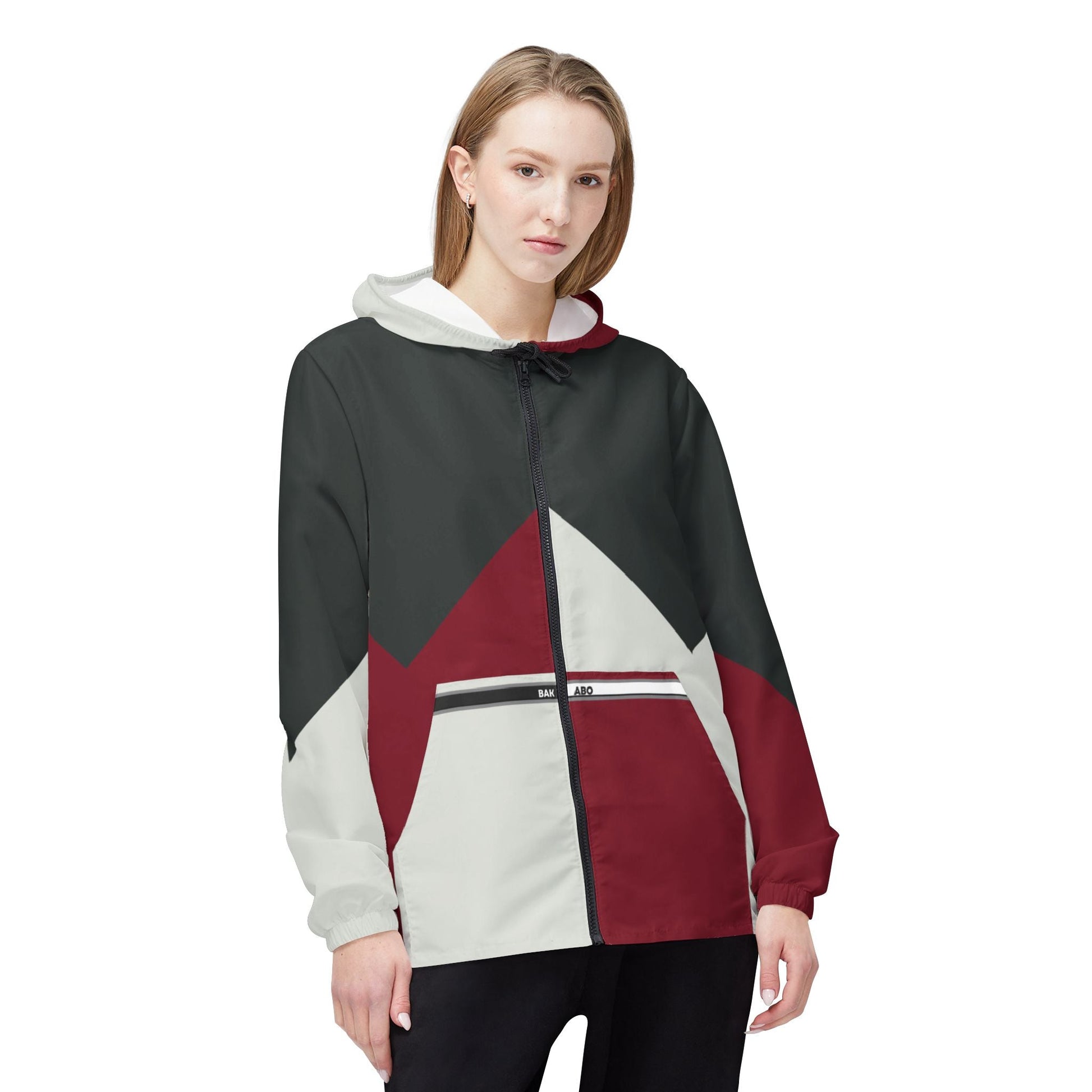 Colorblock Chevron Windbreaker Jacket — Red, Charcoal & White Hooded Jacket Printify bakabo.club