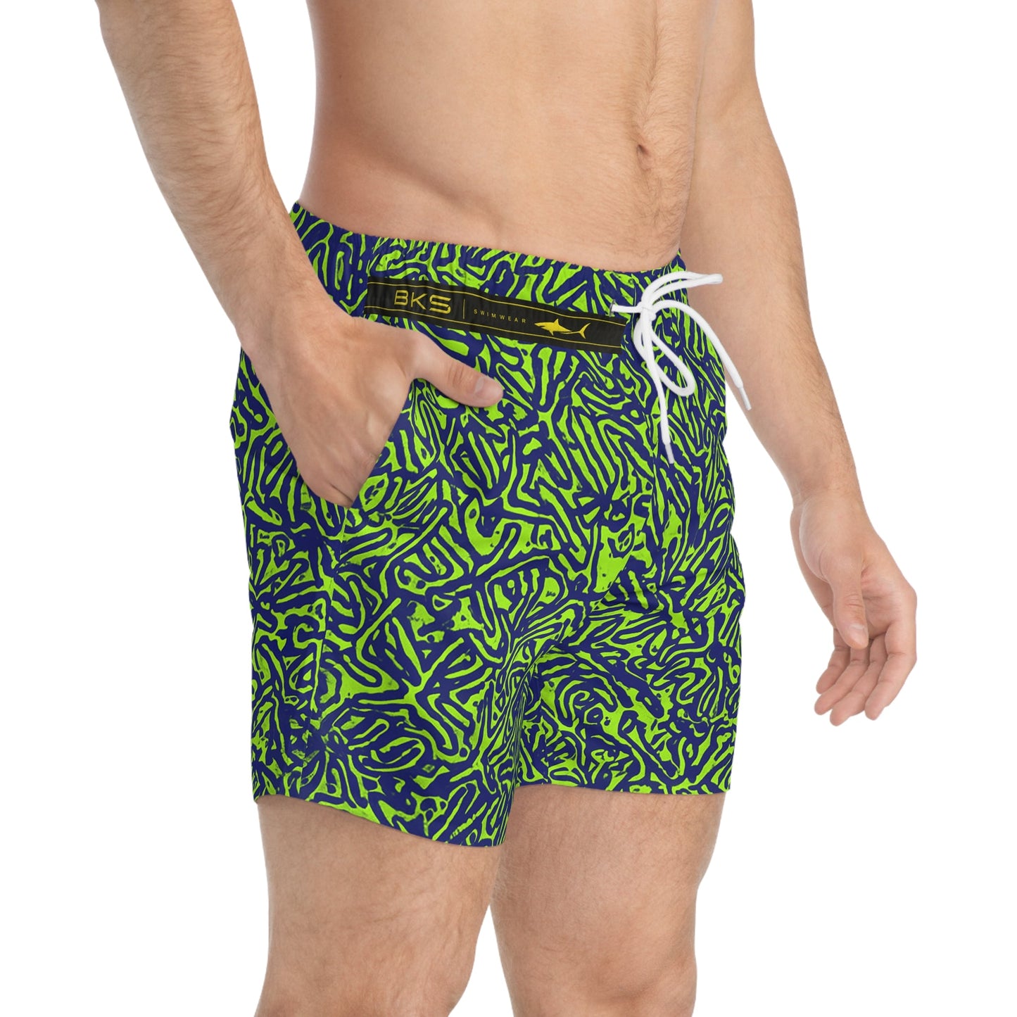 Neon Coral Reef Swim Trunks — Green & Navy All-Over Print Printify bakabo.club