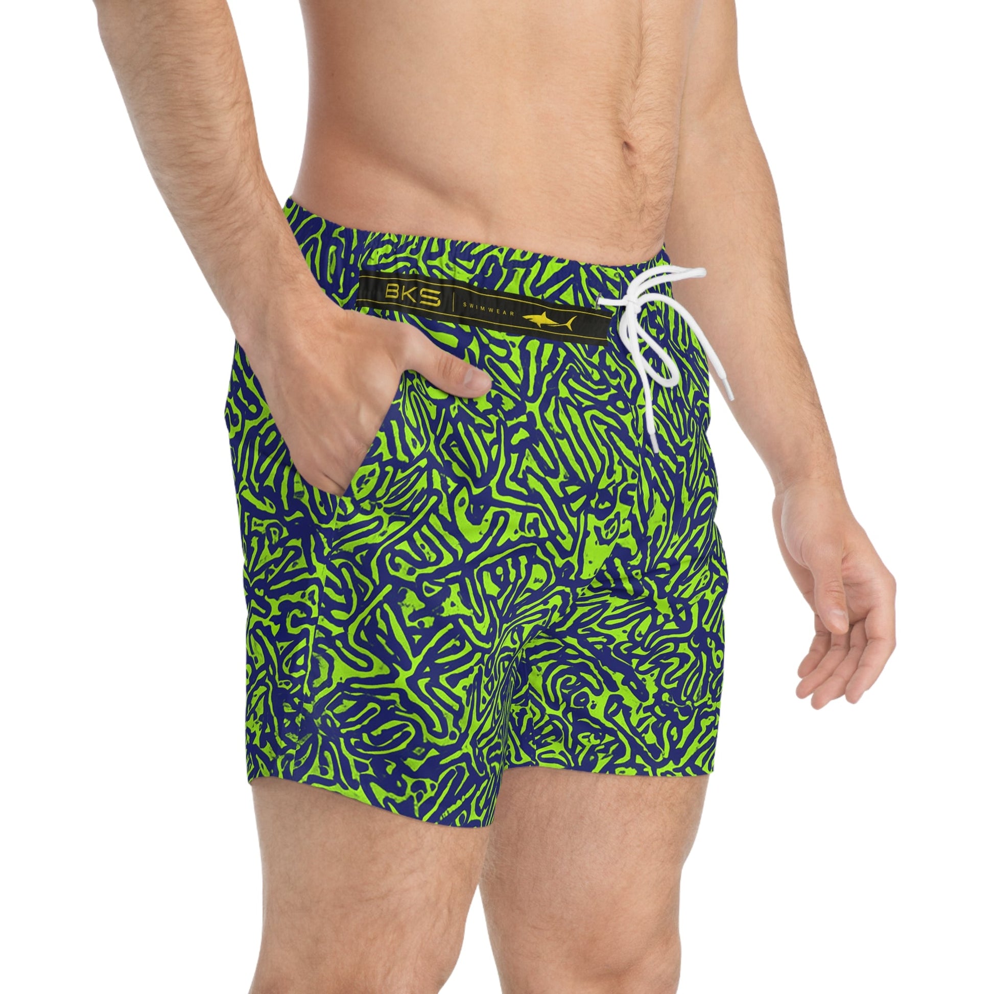 Neon Coral Reef Swim Trunks — Green & Navy All-Over Print Printify bakabo.club