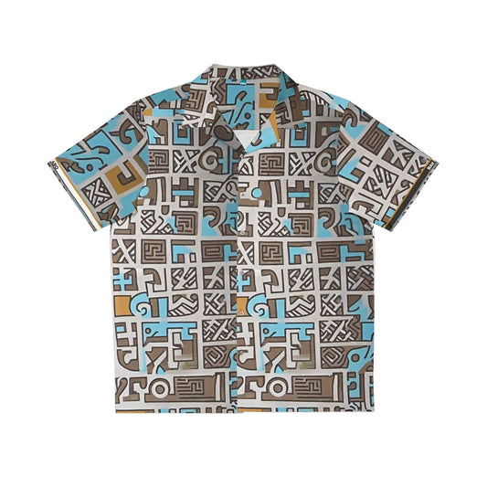 Tribal Geo Print Hawaiian Shirt — Blue & Taupe AOP Printify bakabo.club