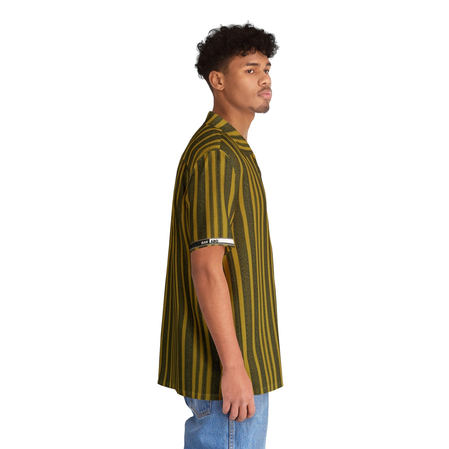Men's Striped Hawaiian Shirt — Retro Olive & Gold AOP Camp Collar Printify bakabo.club