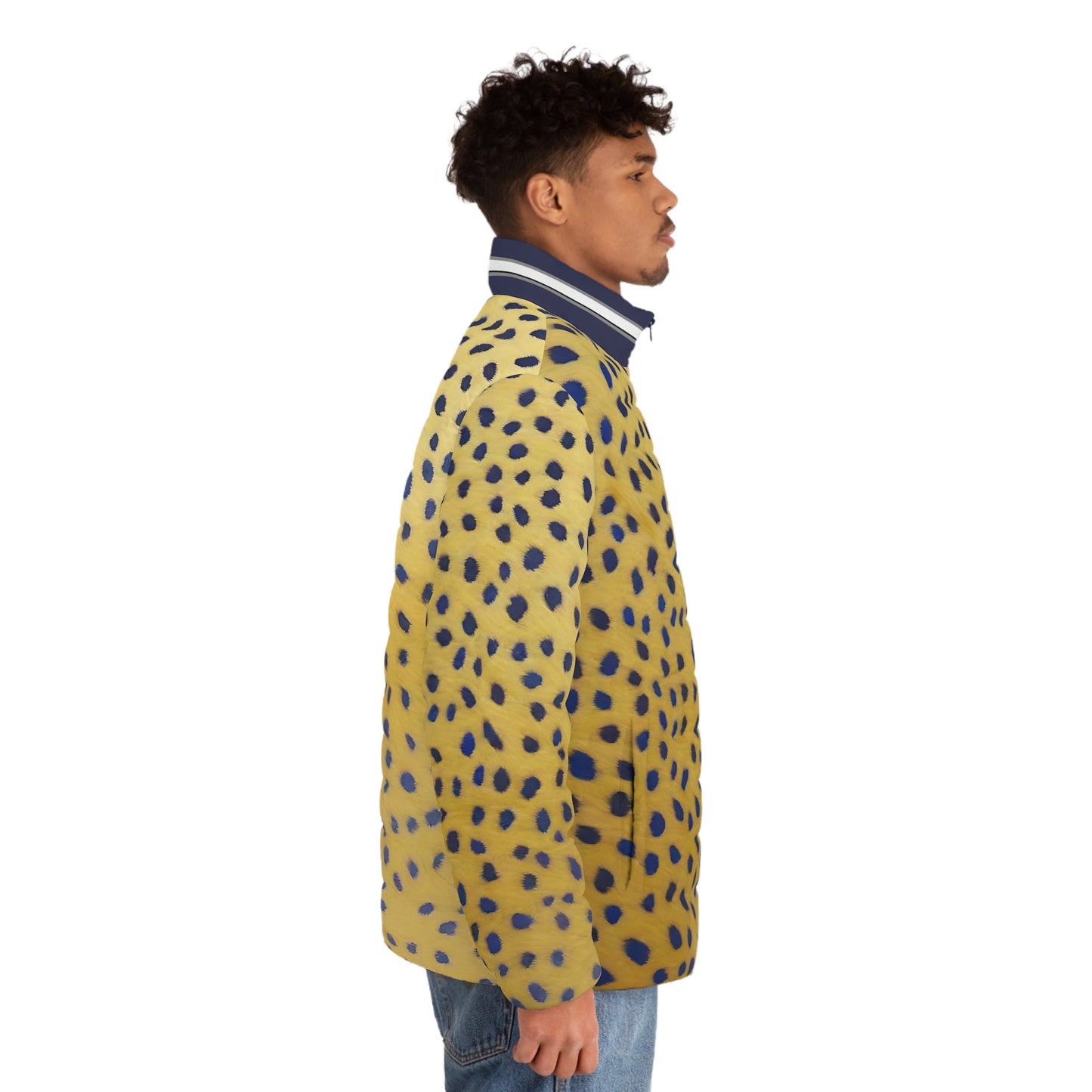 Men's Yellow Leopard Print Puffer Jacket – Bold Blue Spot AOP Outerwear Printify bakabo.club