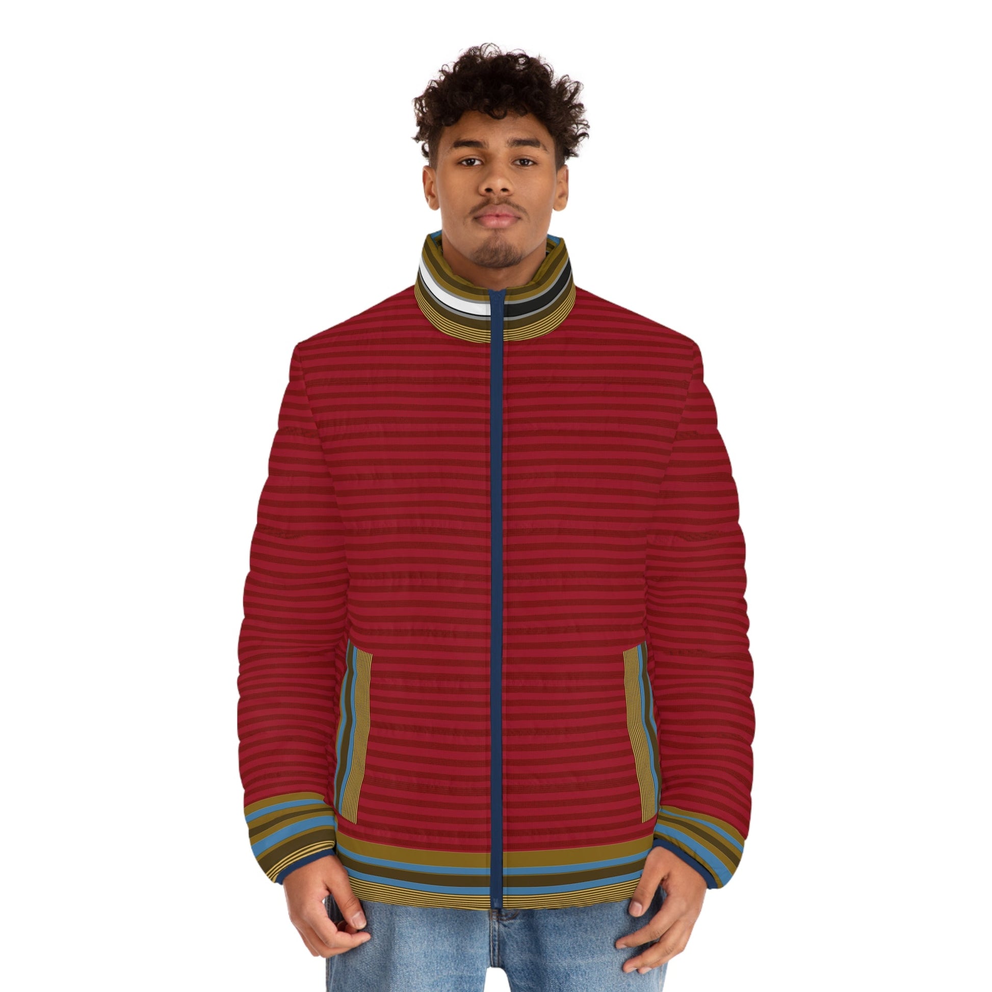 Men's Red Striped Puffer Jacket — Retro Multicolor Trim... Printify bakabo.club