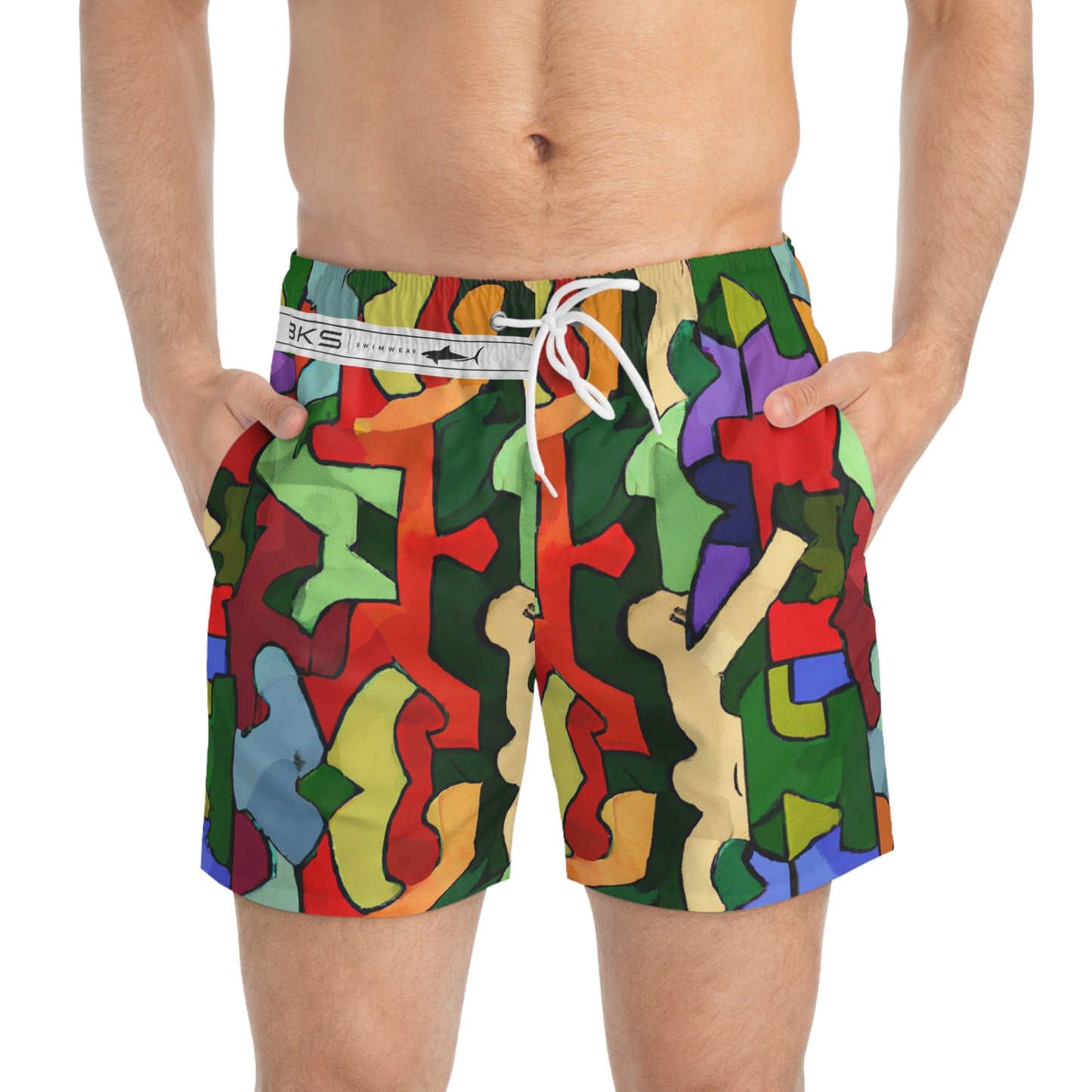 Abstract Colorblock Swim Trunks - Bold Retro Camouflage Print Printify bakabo.club