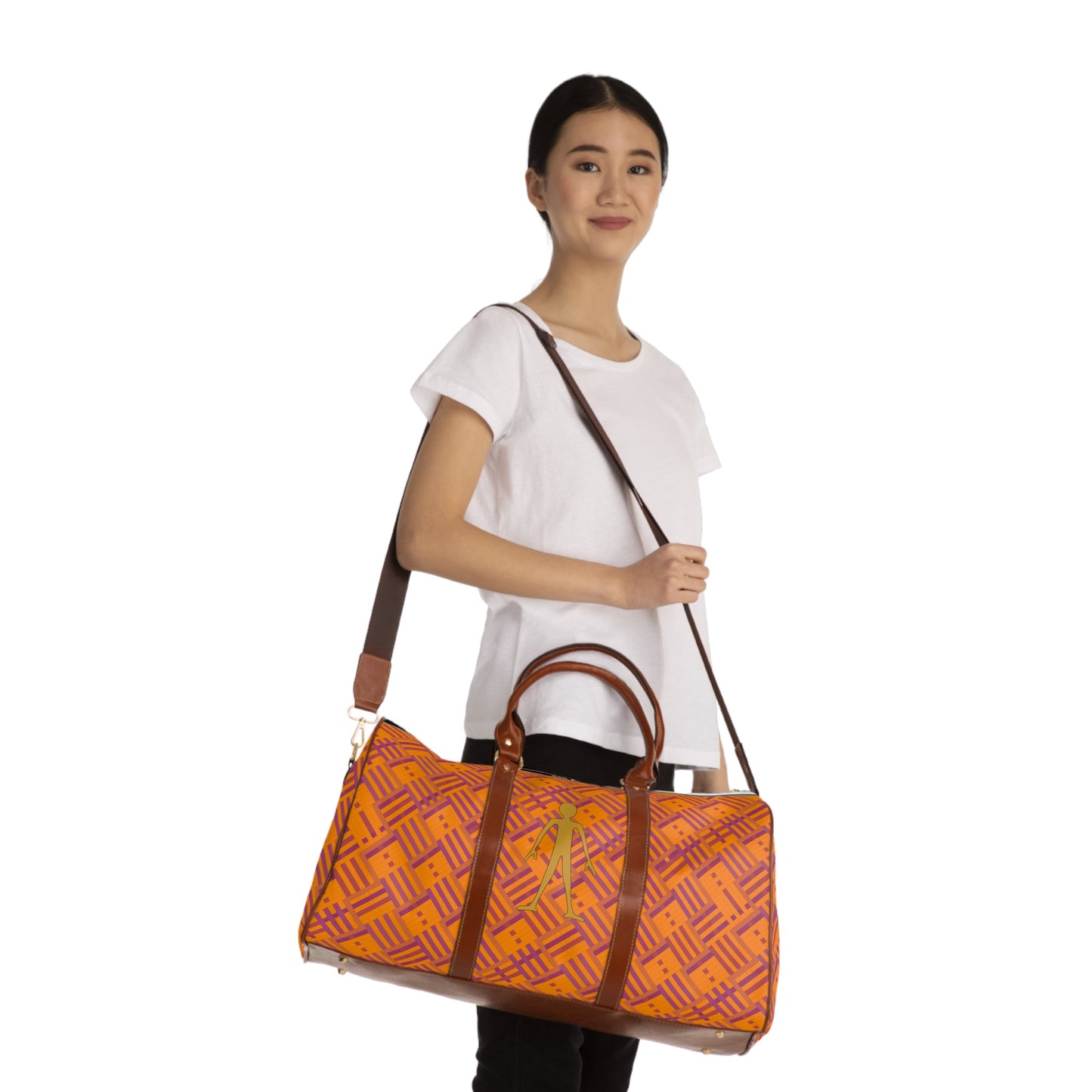 Waterproof Travel Bag - Orange Geometric Duffle with Gold Stick Figure Accent Printify bakabo.club