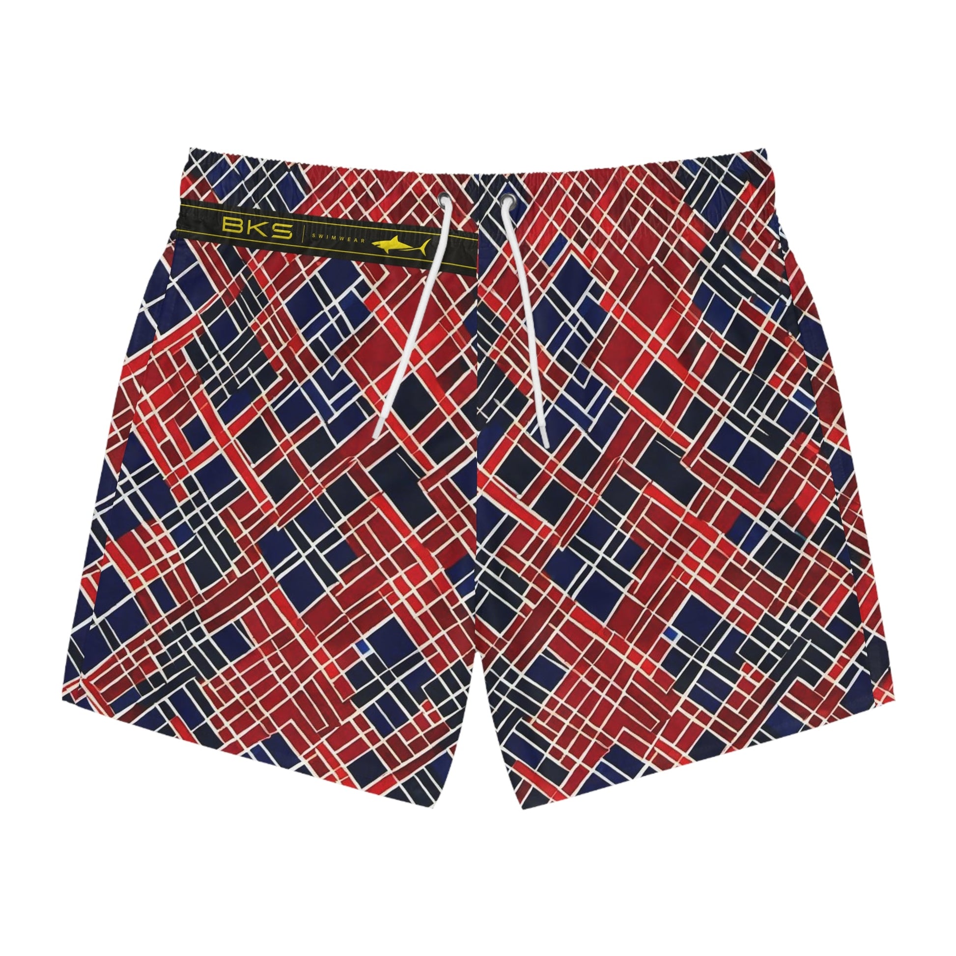 Red & Navy Geometric Swim Trunks — All-Over Plaid Grid Pattern Printify bakabo.club