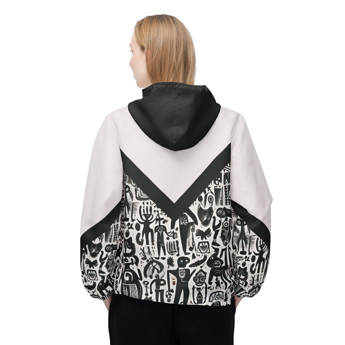 Monochrome Doodle Windbreaker Jacket – Abstract Tribal Pattern Printify bakabo.club