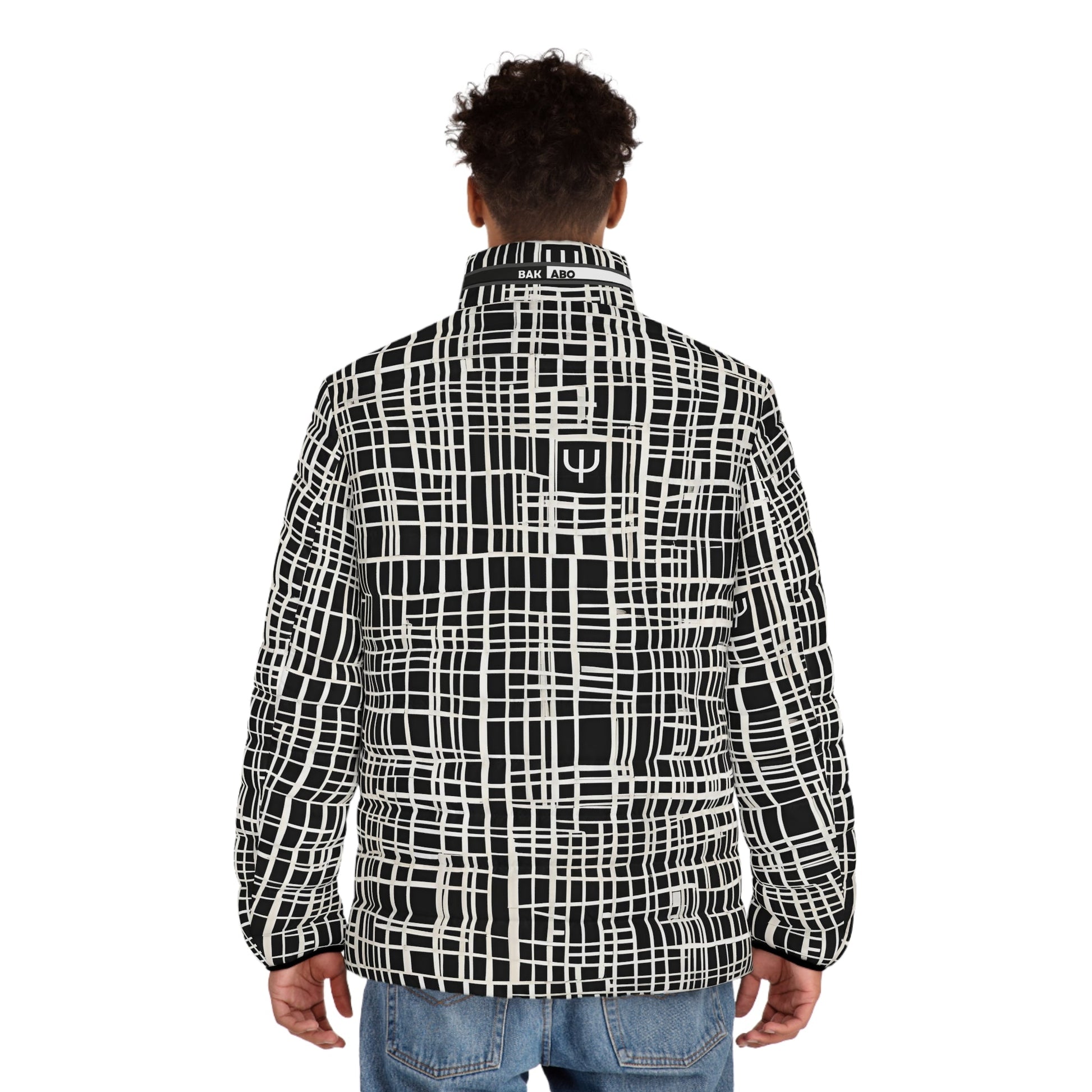 Men's Black & White Grid Puffer Jacket — Geometric All-Over Print Printify bakabo.club