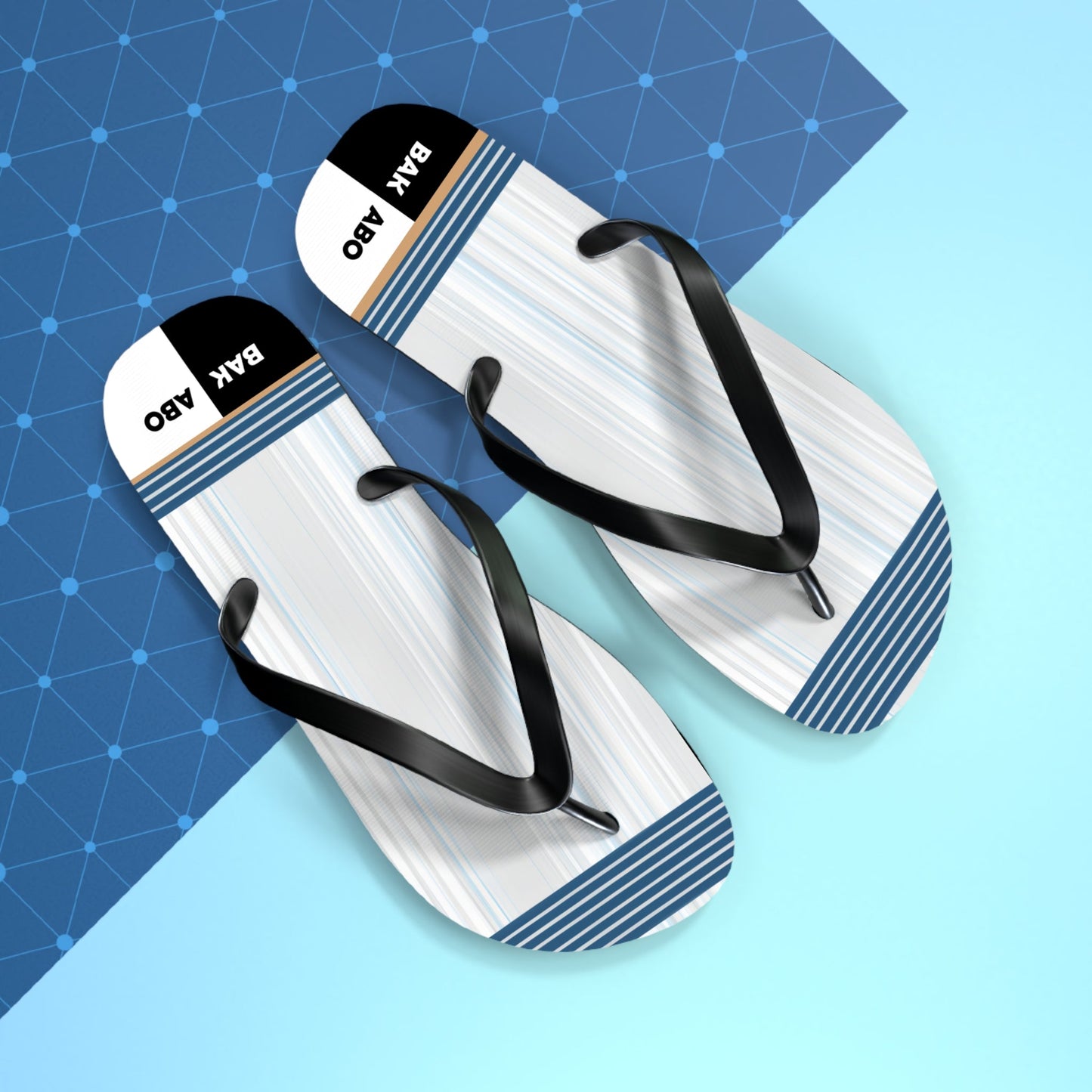 Striped Blue & White Flip Flops — Casual Beach Sandals with BAK ABO Accent Printify bakabo.club