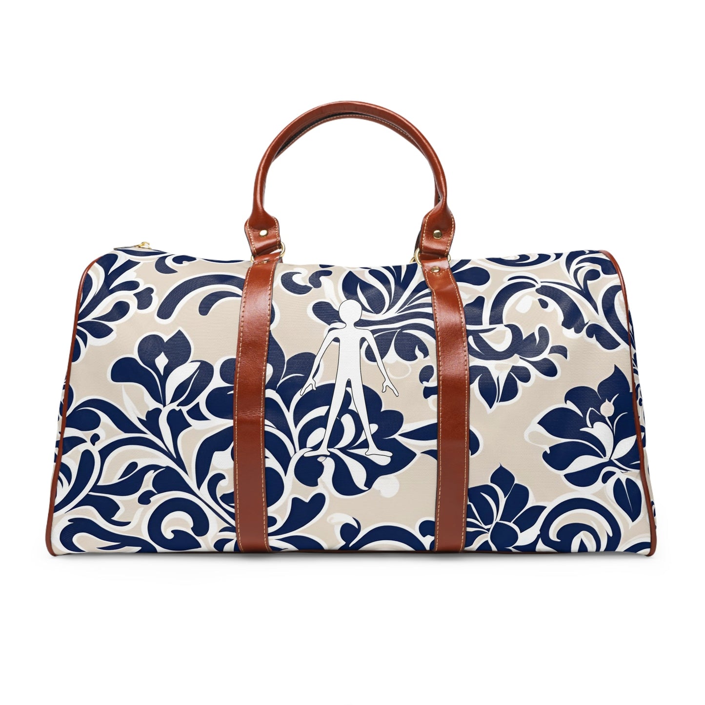 Navy Floral Waterproof Travel Bag – Weekender Duffle with Elegant Blue Damask Print Printify bakabo.club
