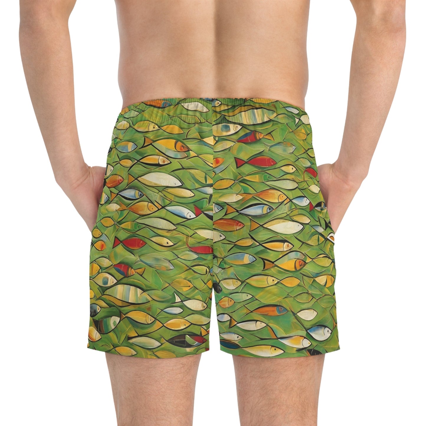 Green School of Fish Swim Trunks — All-Over Print Beach Shorts