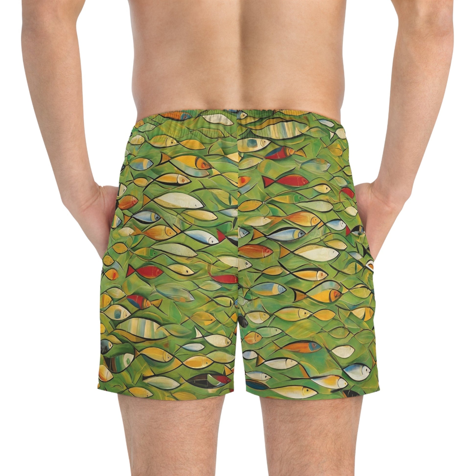Green School of Fish Swim Trunks — All-Over Print Beach Shorts