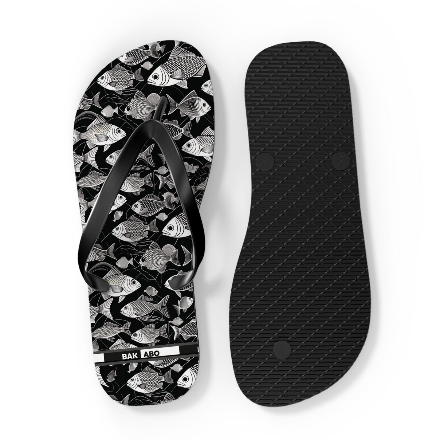 Tropical Fish Flip Flops — Black & White Beach Sandals with Fish Pattern Printify bakabo.club