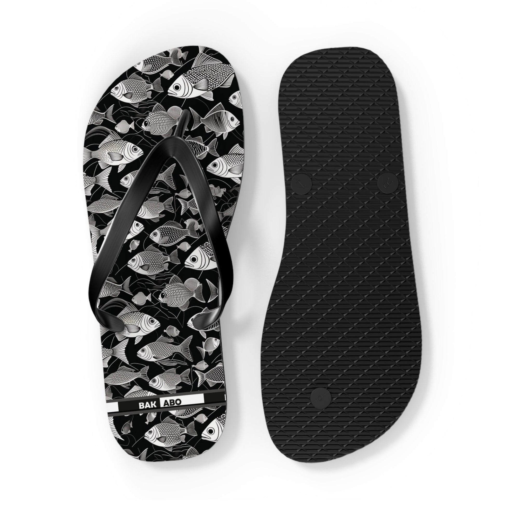 Tropical Fish Flip Flops — Black & White Beach Sandals with Fish Pattern Printify bakabo.club