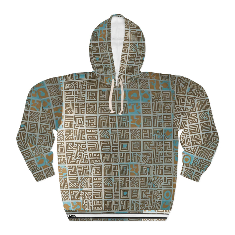 Geometric Maze Pattern Hoodie — Earth Tone All-Over Print