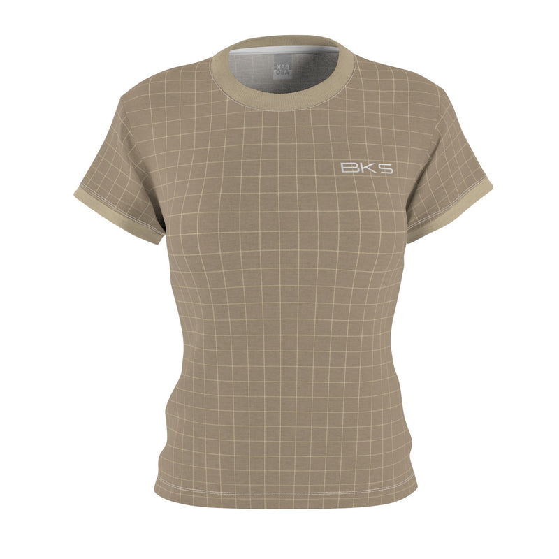 Beige Grid Women's Tee — 'BKS' Minimal Graphic Cut & Sew T‑Shirt