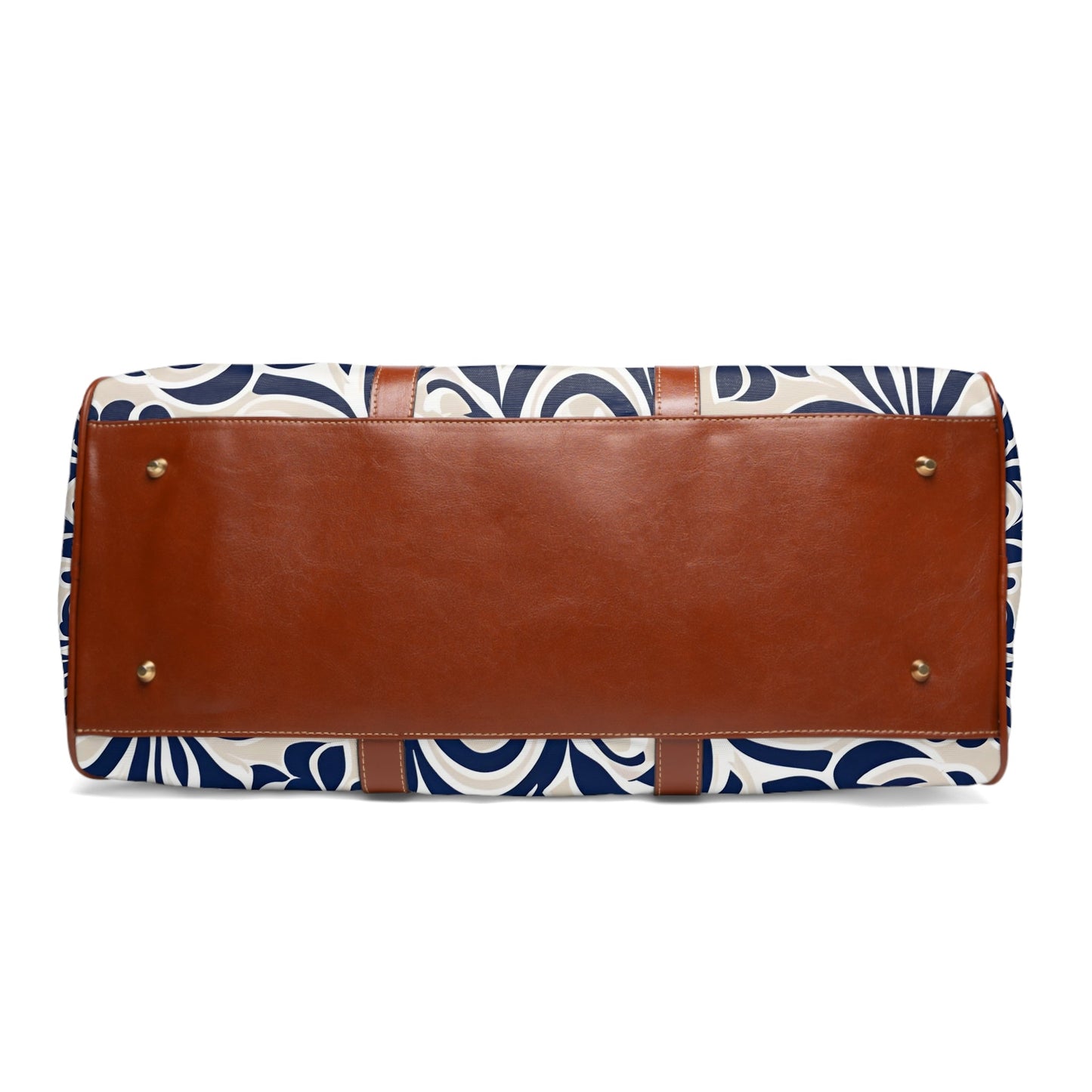 Navy Floral Waterproof Travel Bag – Weekender Duffle with Elegant Blue Damask Print Printify bakabo.club