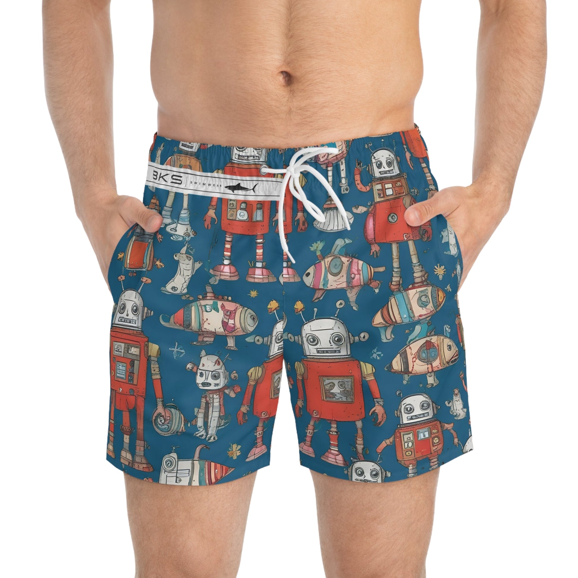 Retro Robot Swim Trunks — Vintage Toy Robot All-Over Print Swim Shorts Printify bakabo.club