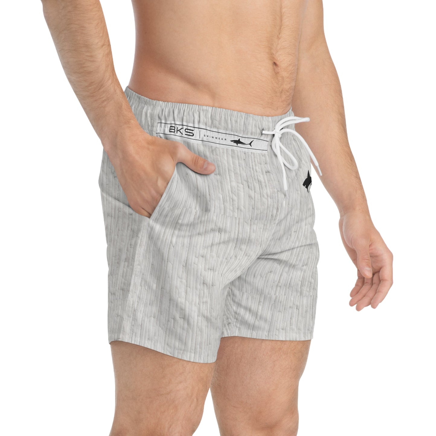 Men's Light Gray Textured Swim Trunks — Subtle Woodgrain AOP Beach Shorts Printify bakabo.club