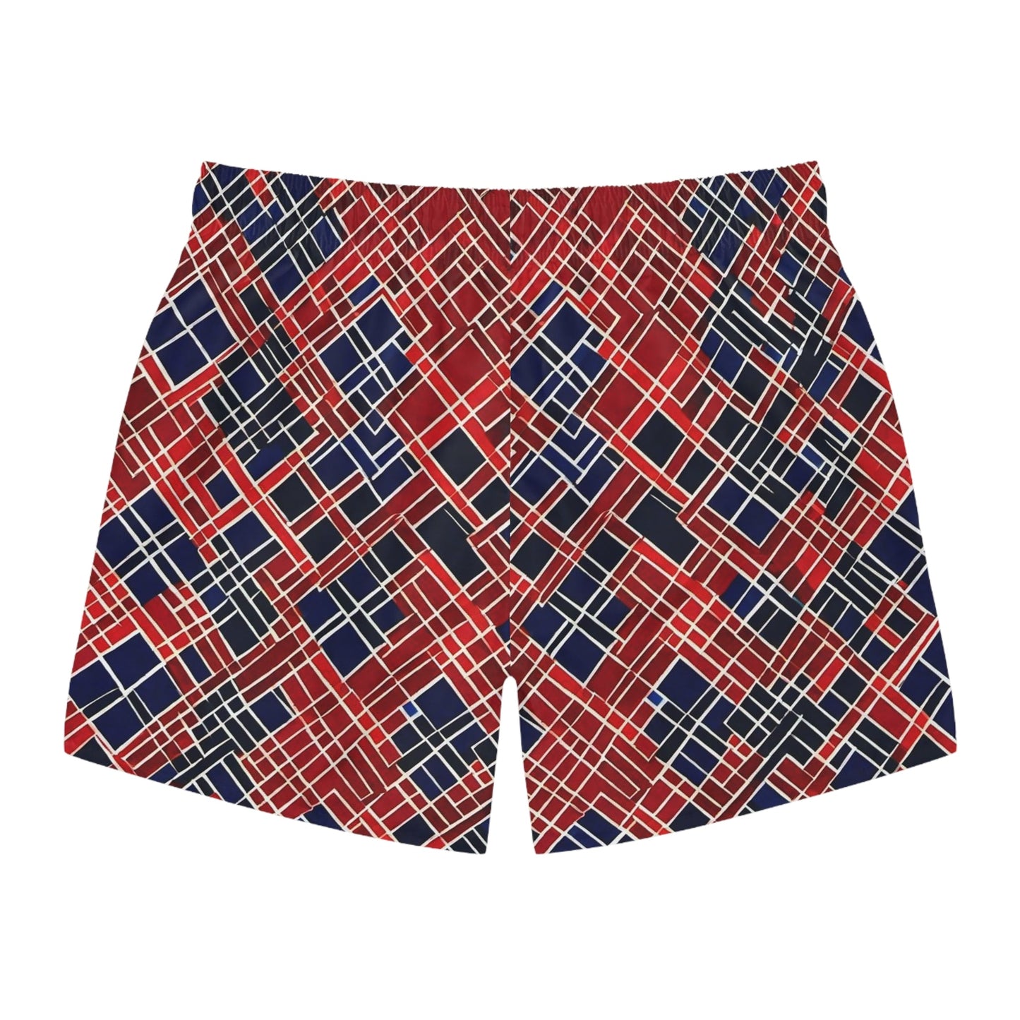 Red & Navy Geometric Swim Trunks — All-Over Plaid Grid Pattern Printify bakabo.club
