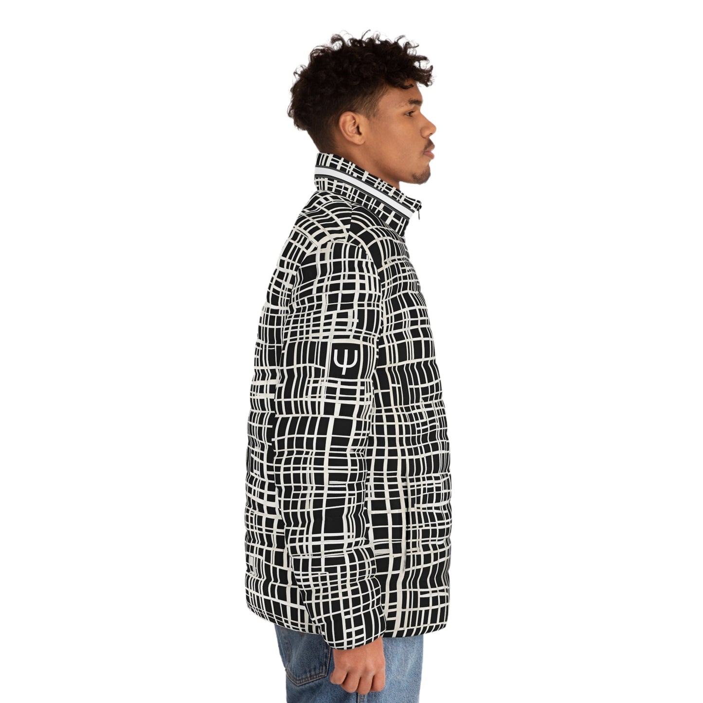 Men's Black & White Grid Puffer Jacket — Geometric All-Over Print Printify bakabo.club