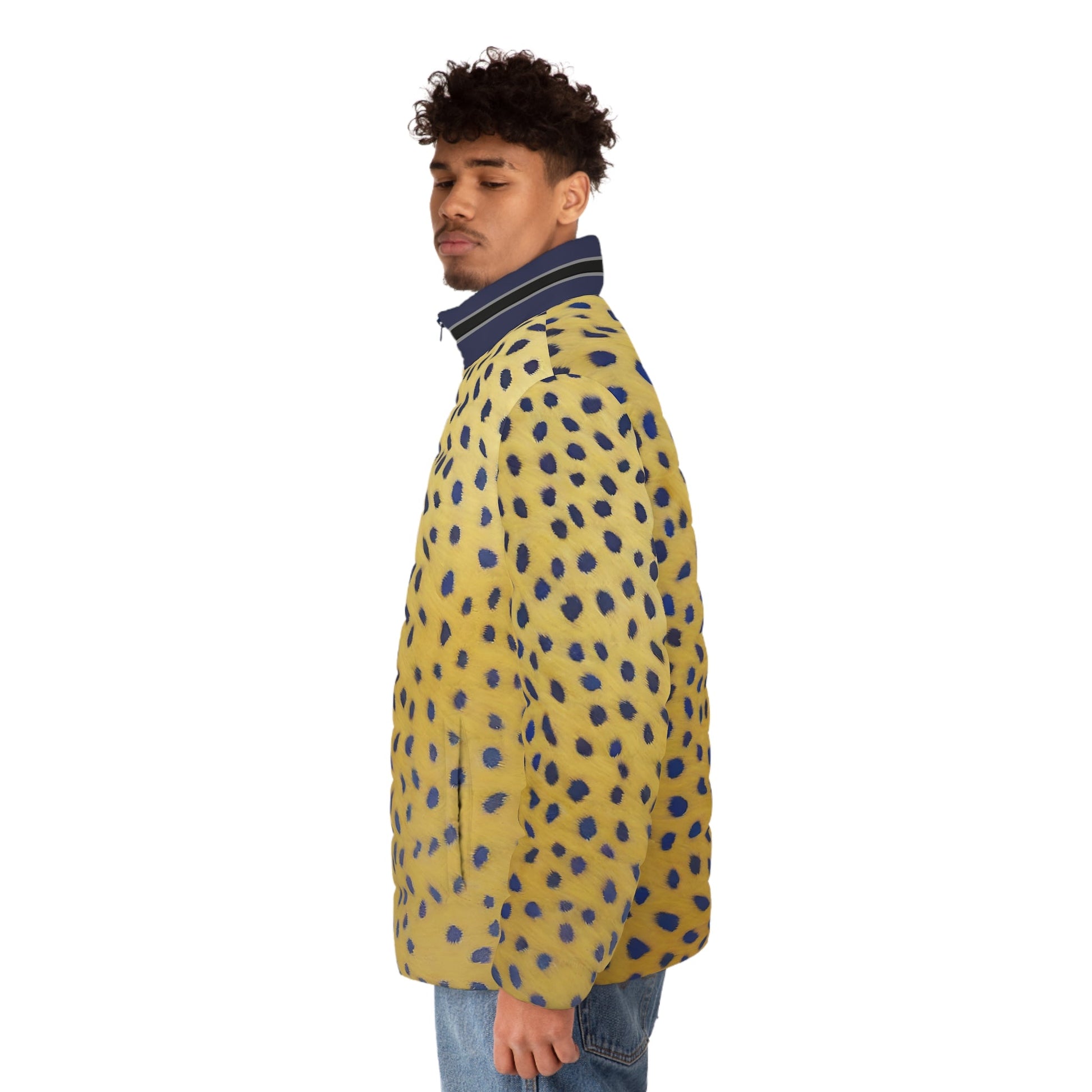 Men's Yellow Leopard Print Puffer Jacket – Bold Blue Spot AOP Outerwear Printify bakabo.club