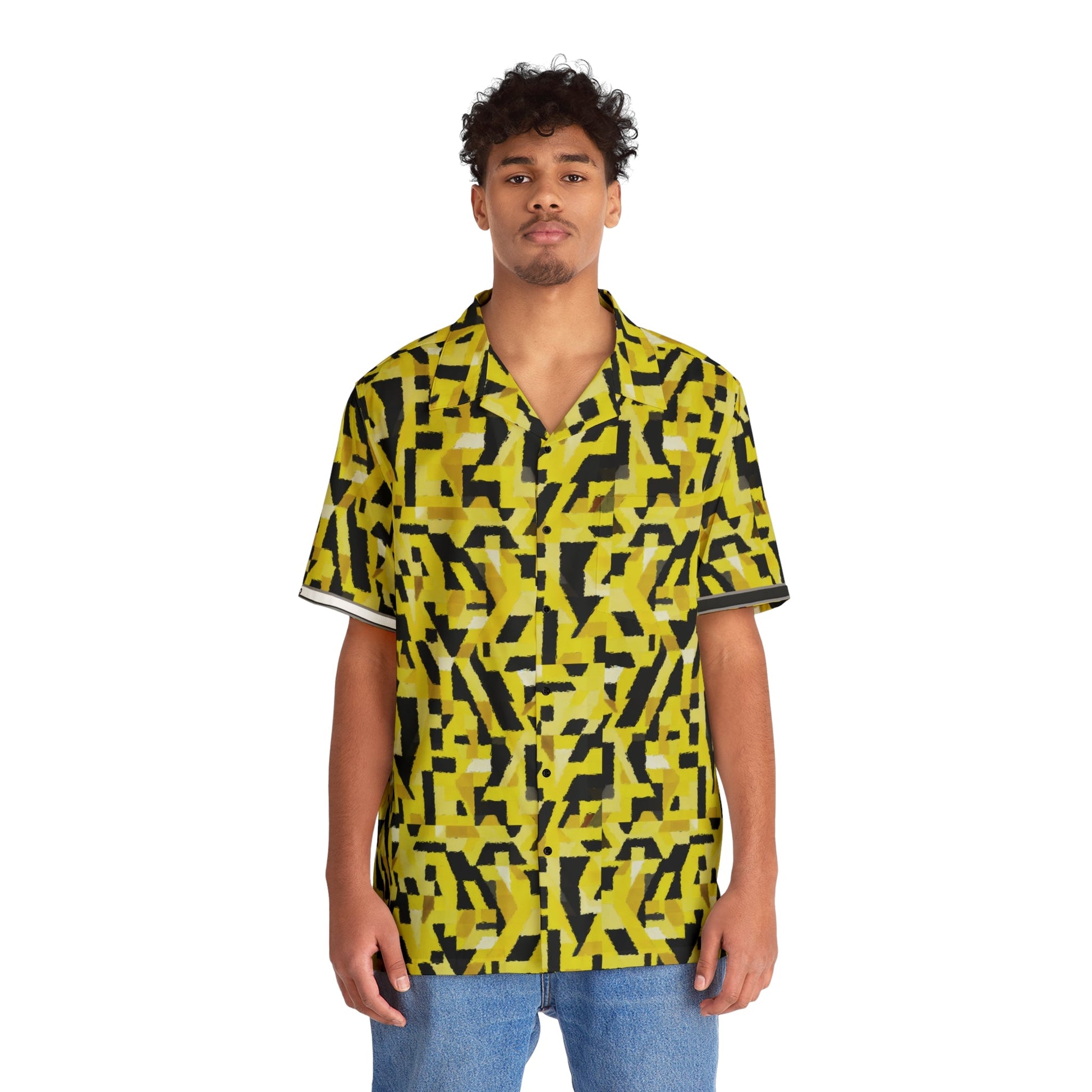 Yellow Geo Camo Hawaiian Shirt — Men's Bold Abstract Aloha Printify bakabo.club
