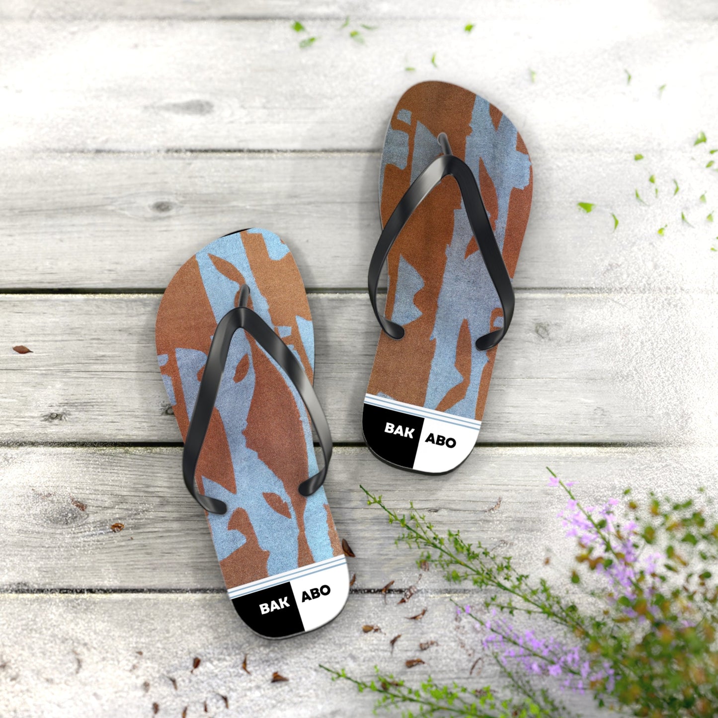 Camo Coastal Flip Flops — Blue & Brown Beach Sandals with 'BAK ABO' Accent Printify bakabo.club