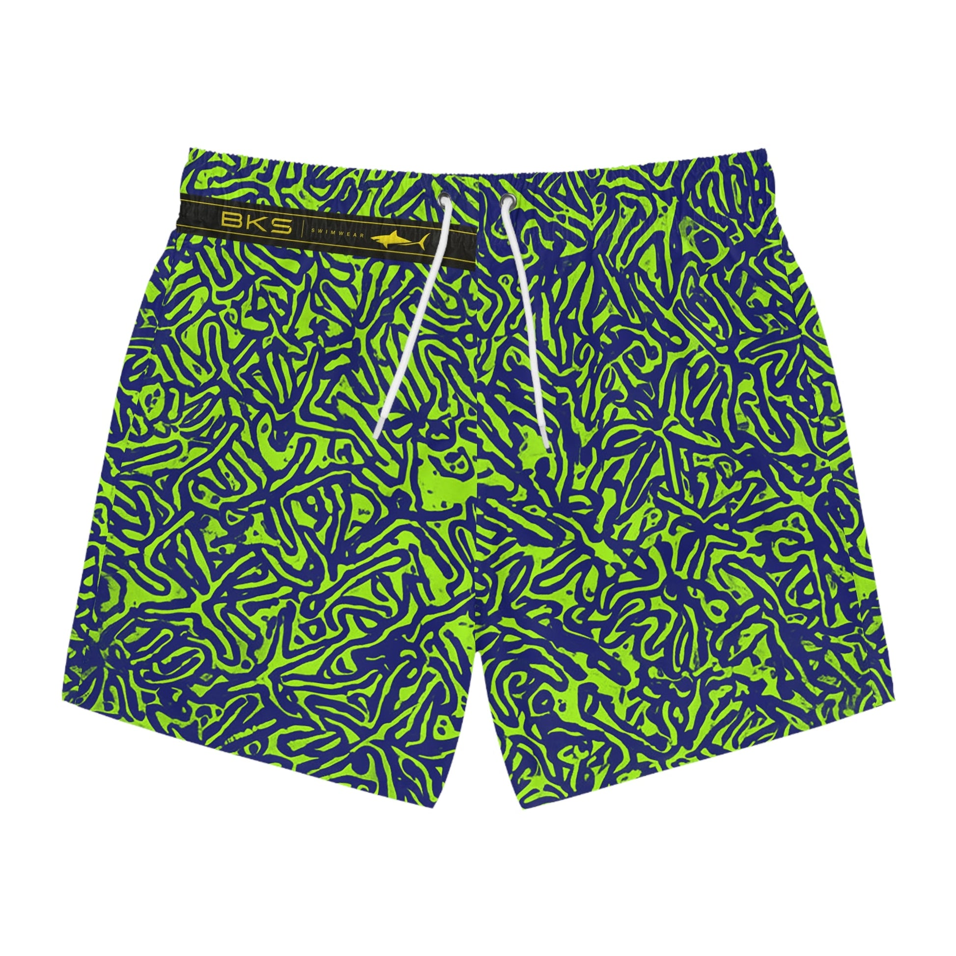 Neon Coral Reef Swim Trunks — Green & Navy All-Over Print Printify bakabo.club