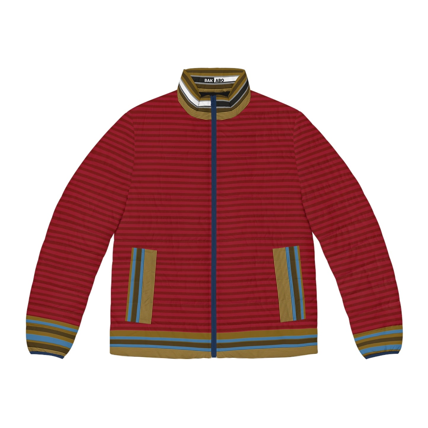 Men's Red Striped Puffer Jacket — Retro Multicolor Trim... Printify bakabo.club