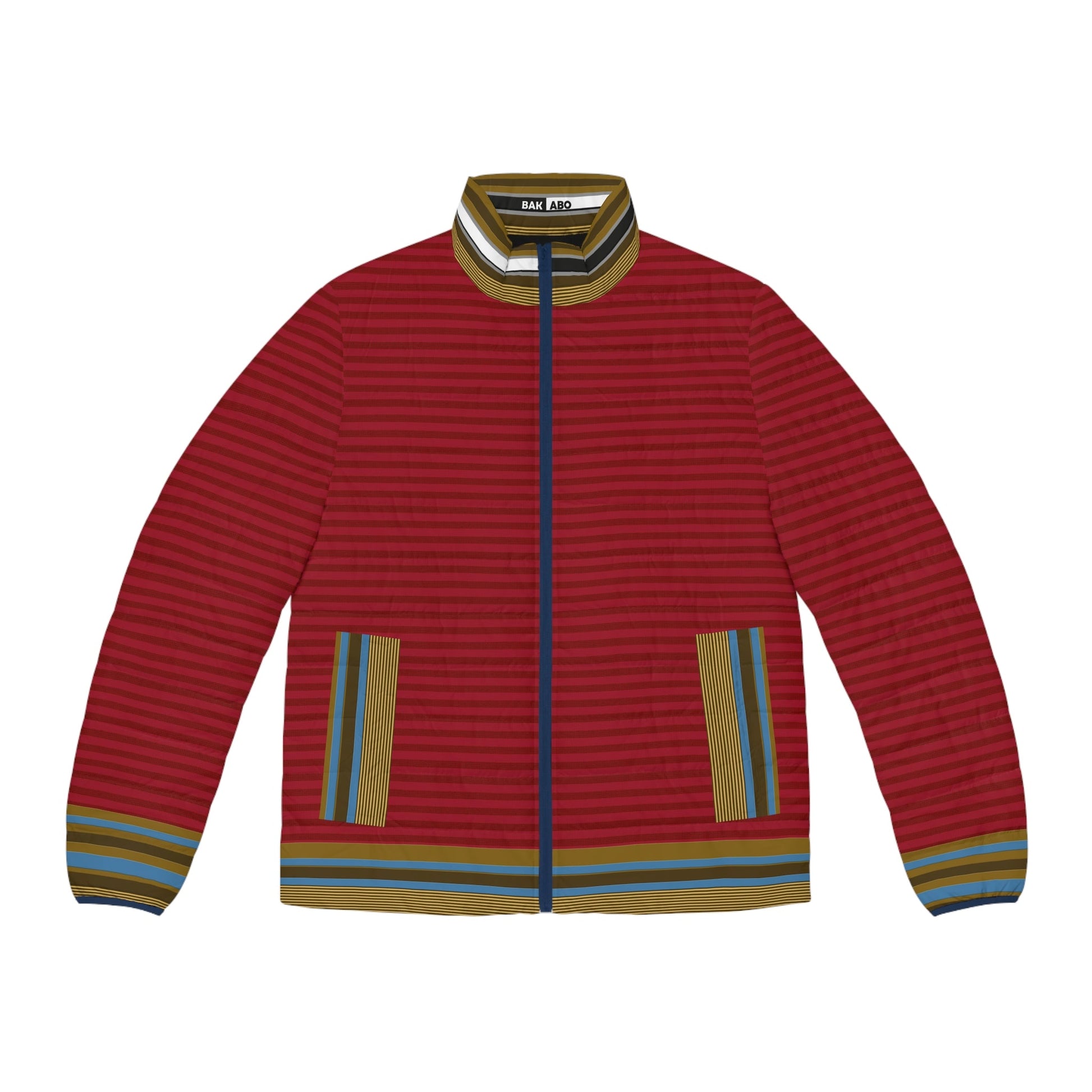 Men's Red Striped Puffer Jacket — Retro Multicolor Trim... Printify bakabo.club
