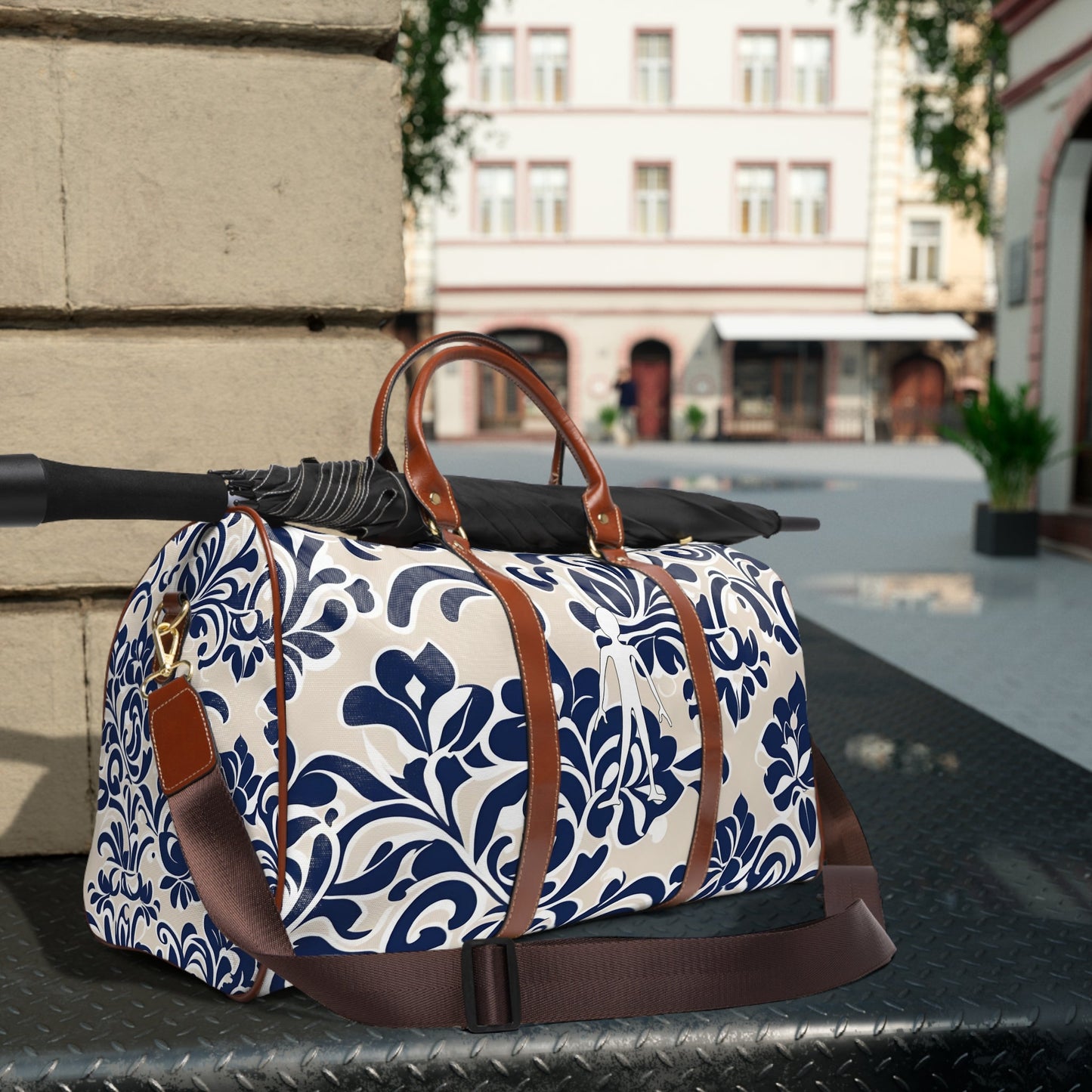 Navy Floral Waterproof Travel Bag – Weekender Duffle with Elegant Blue Damask Print Printify bakabo.club