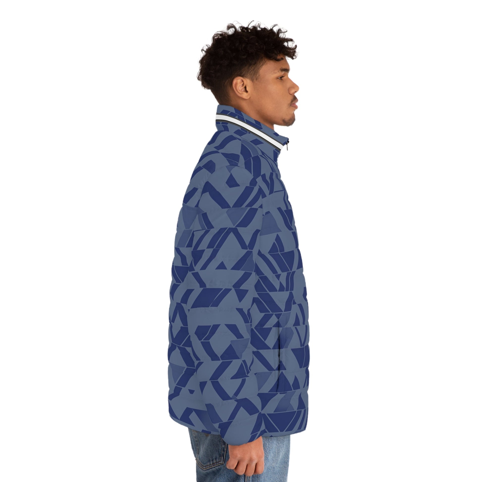 Blue Geometric Pattern Men's Puffer Jacket Printify bakabo.club