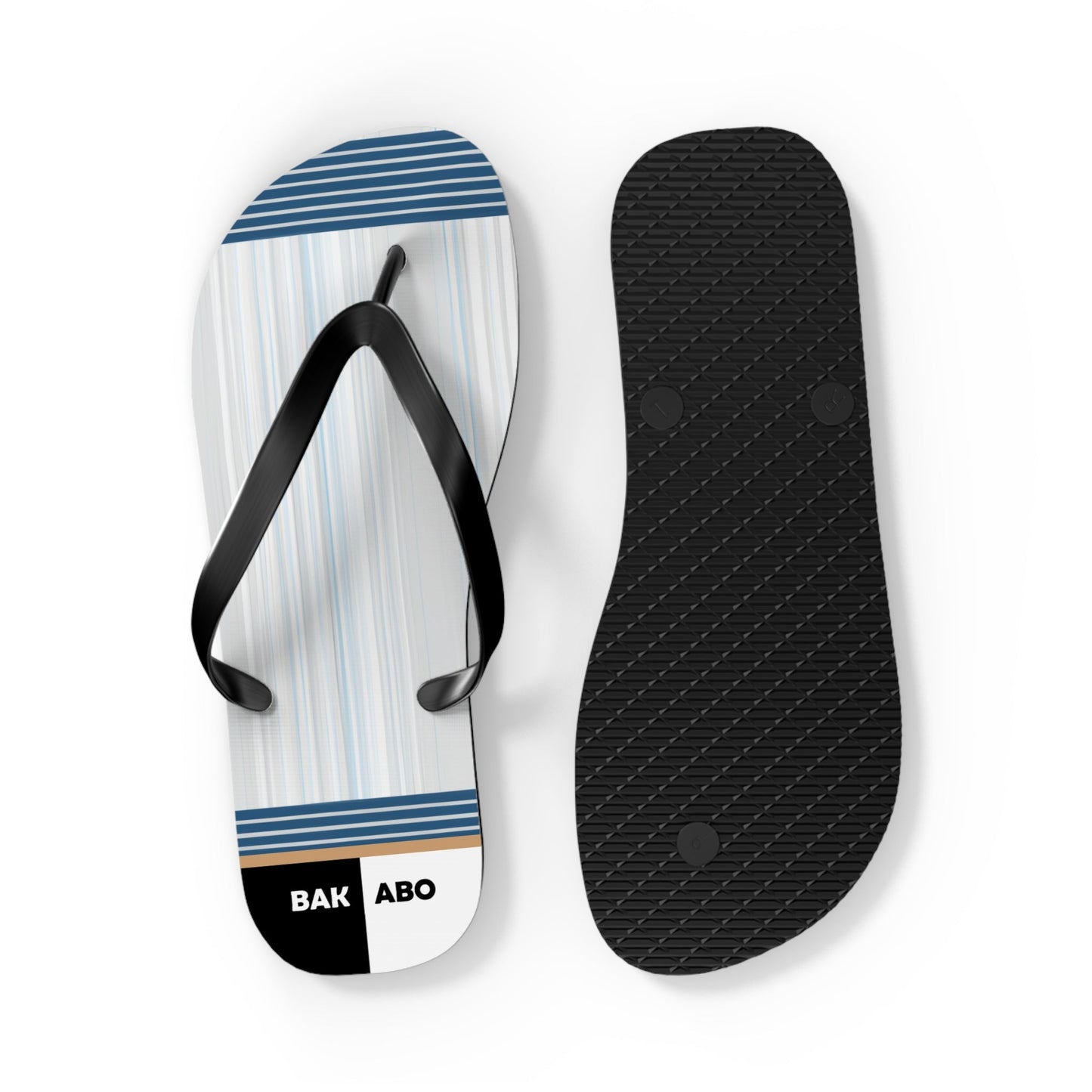 Striped Blue & White Flip Flops — Casual Beach Sandals with BAK ABO Accent Printify bakabo.club