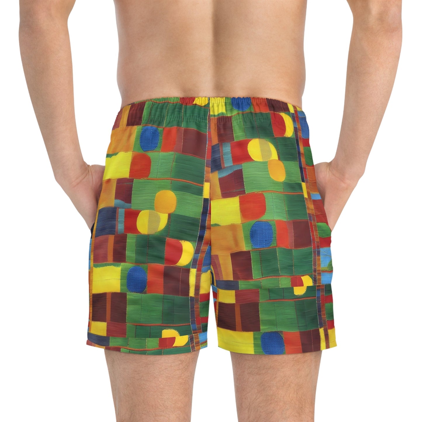 Color Block Mosaic Swim Trunks — Bold Abstract All-Over Print