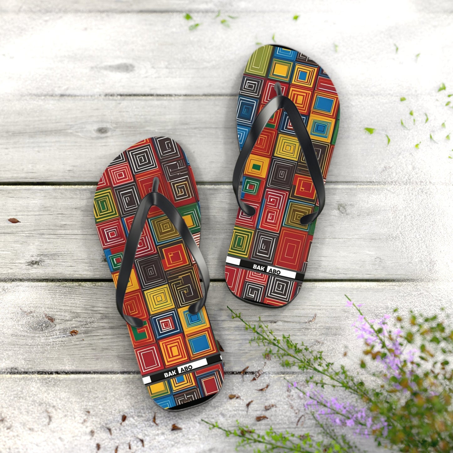 Colorful Geometric Square Flip Flops — Retro Pattern Beach Sandals Printify bakabo.club