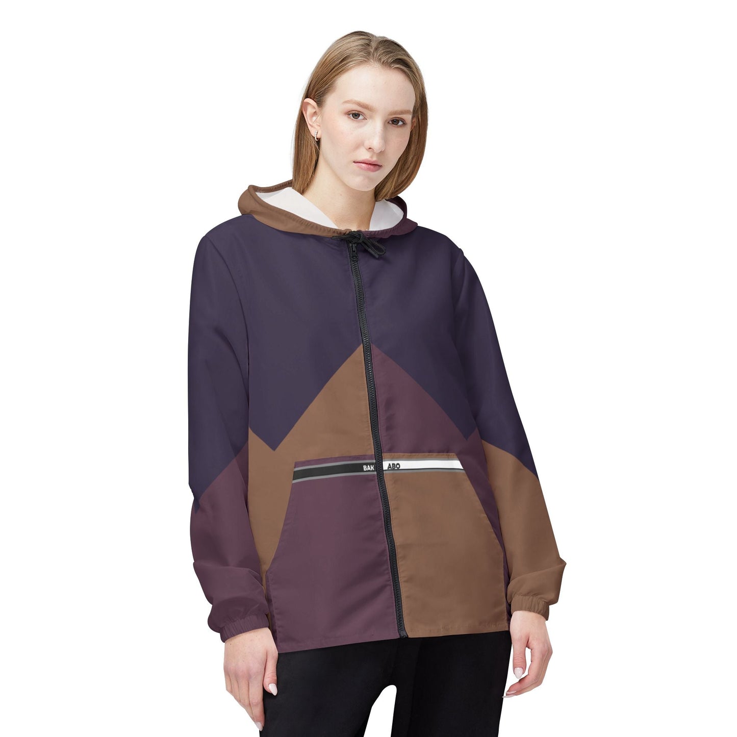 Geometric Chevron Windbreaker Jacket – Brown & Plum Colorblock Hooded Outerwear Printify bakabo.club