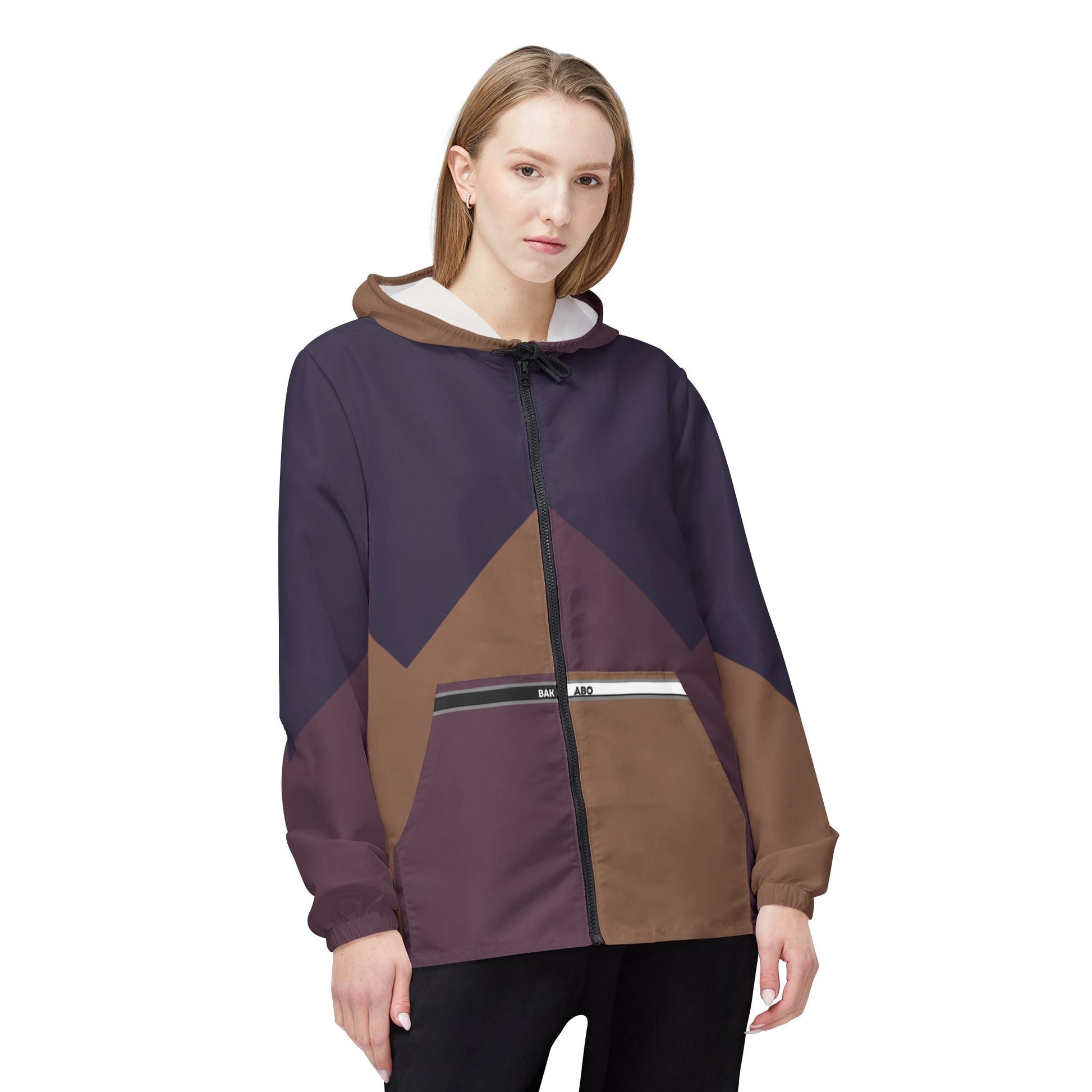Geometric Chevron Windbreaker Jacket – Brown & Plum Colorblock Hooded Outerwear Printify bakabo.club