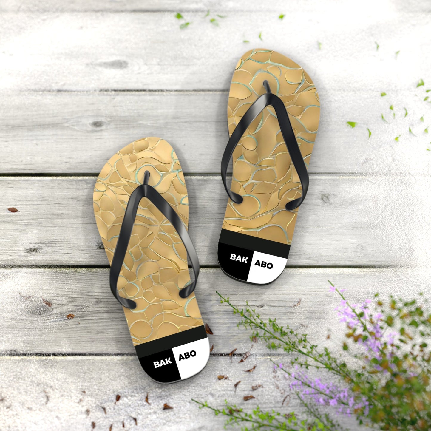 Flip Flops - Gold Marble Beach Sand Pattern with 'BAK ABO' Accent Printify bakabo.club