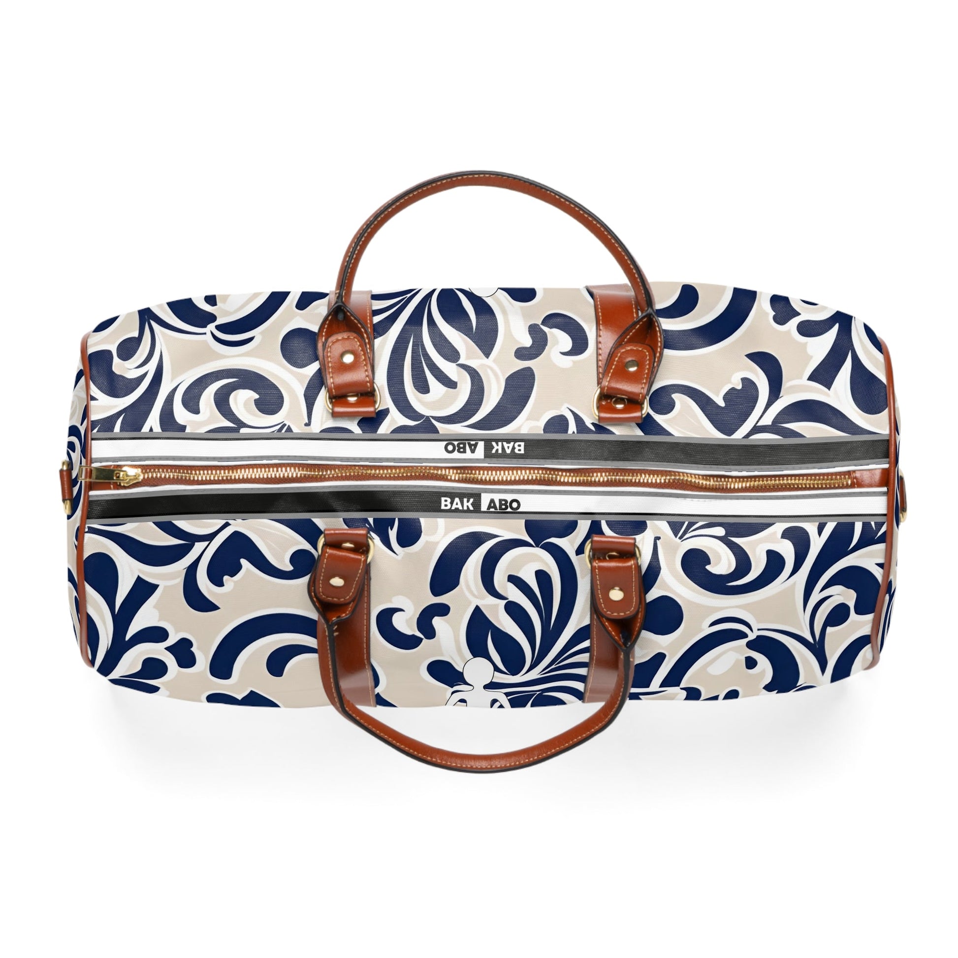 Navy Floral Waterproof Travel Bag – Weekender Duffle with Elegant Blue Damask Print Printify bakabo.club