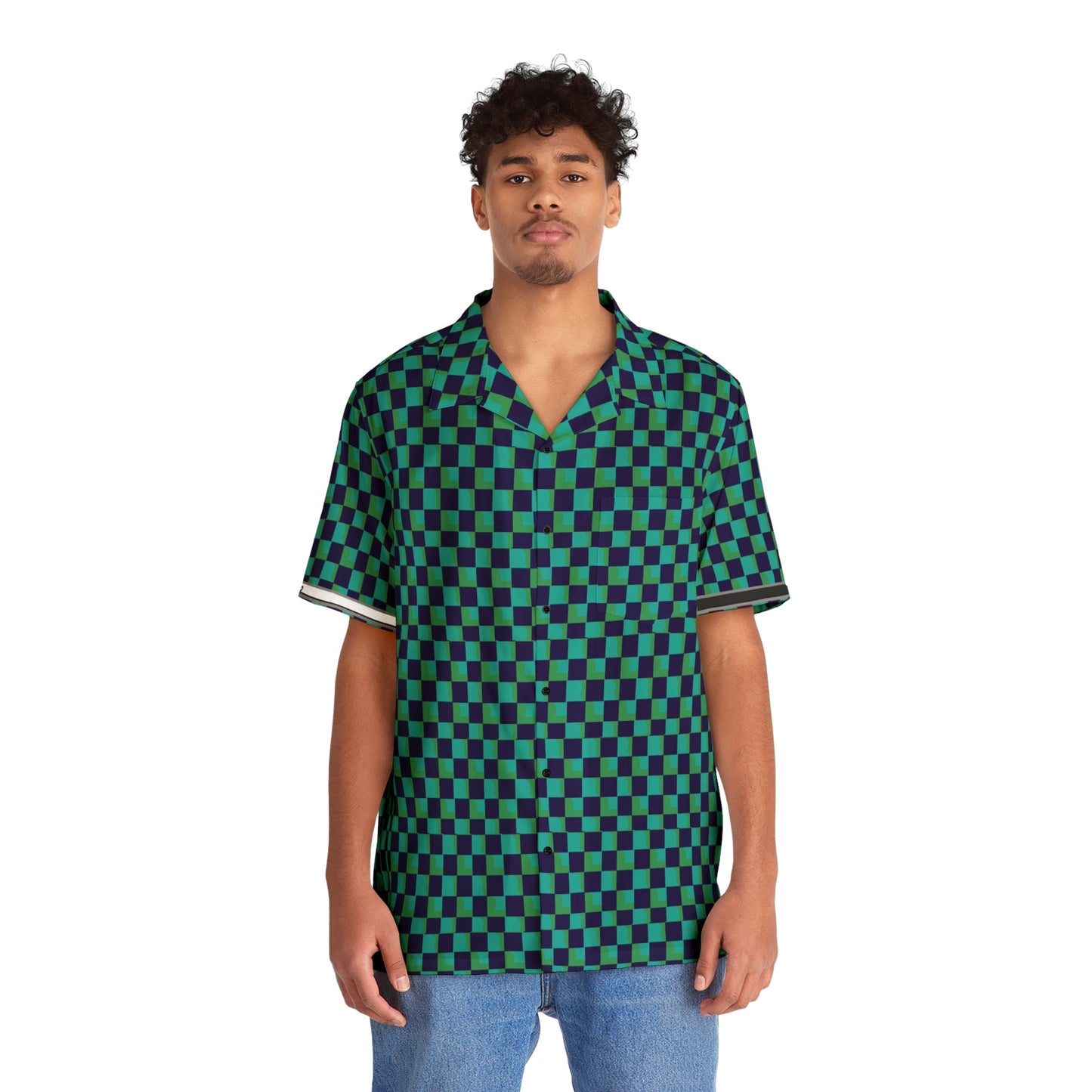 Checkered Hawaiian Shirt — Green & Navy Retro AOP Camp Shirt Printify bakabo.club