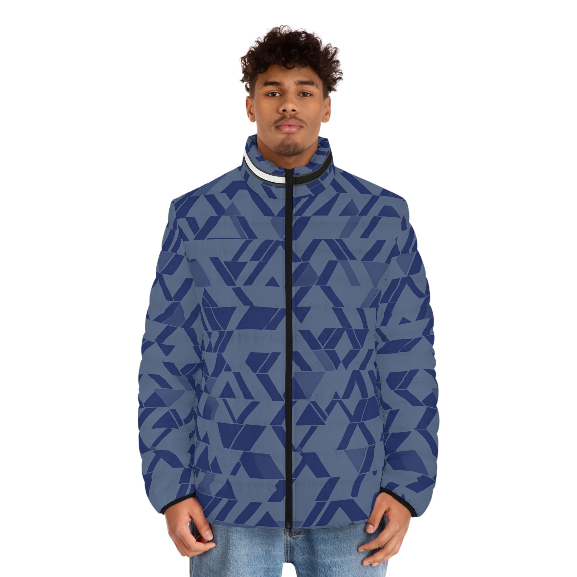 Blue Geometric Pattern Men's Puffer Jacket Printify bakabo.club