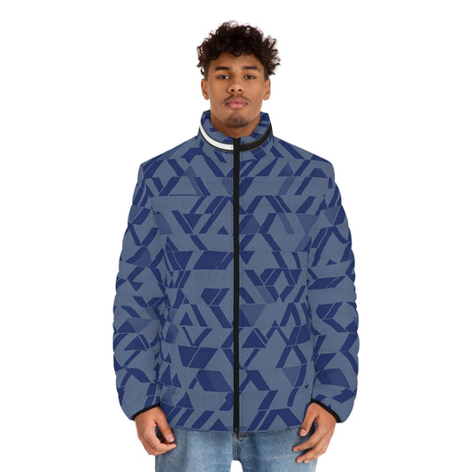 Blue Geometric Pattern Men's Puffer Jacket Printify bakabo.club