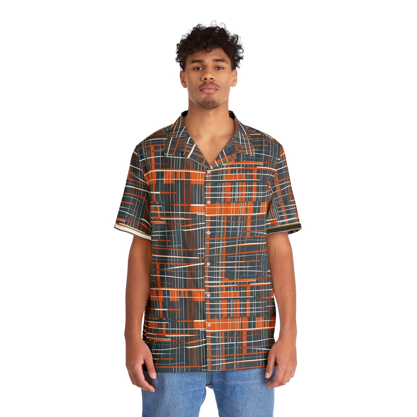 Retro Grid Plaid Hawaiian Shirt — Men's Vintage Orange & Slate AOP Camp Collar Printify bakabo.club