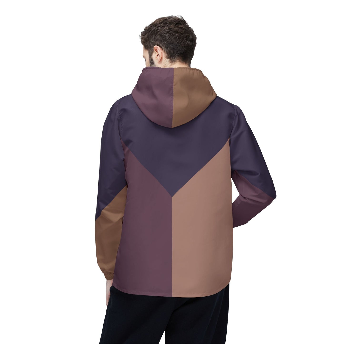 Geometric Chevron Windbreaker Jacket – Brown & Plum Colorblock Hooded Outerwear Printify bakabo.club