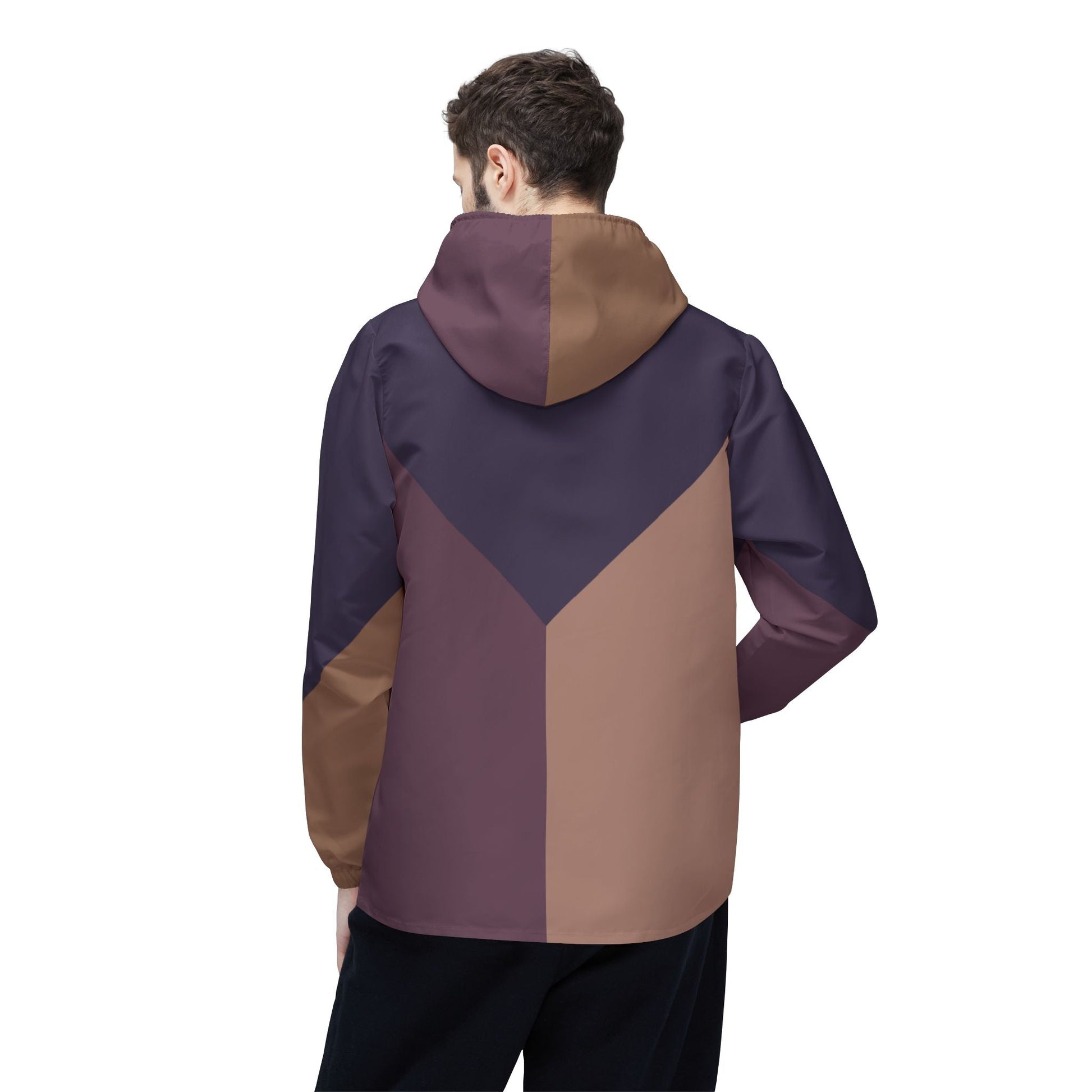 Geometric Chevron Windbreaker Jacket – Brown & Plum Colorblock Hooded Outerwear Printify bakabo.club